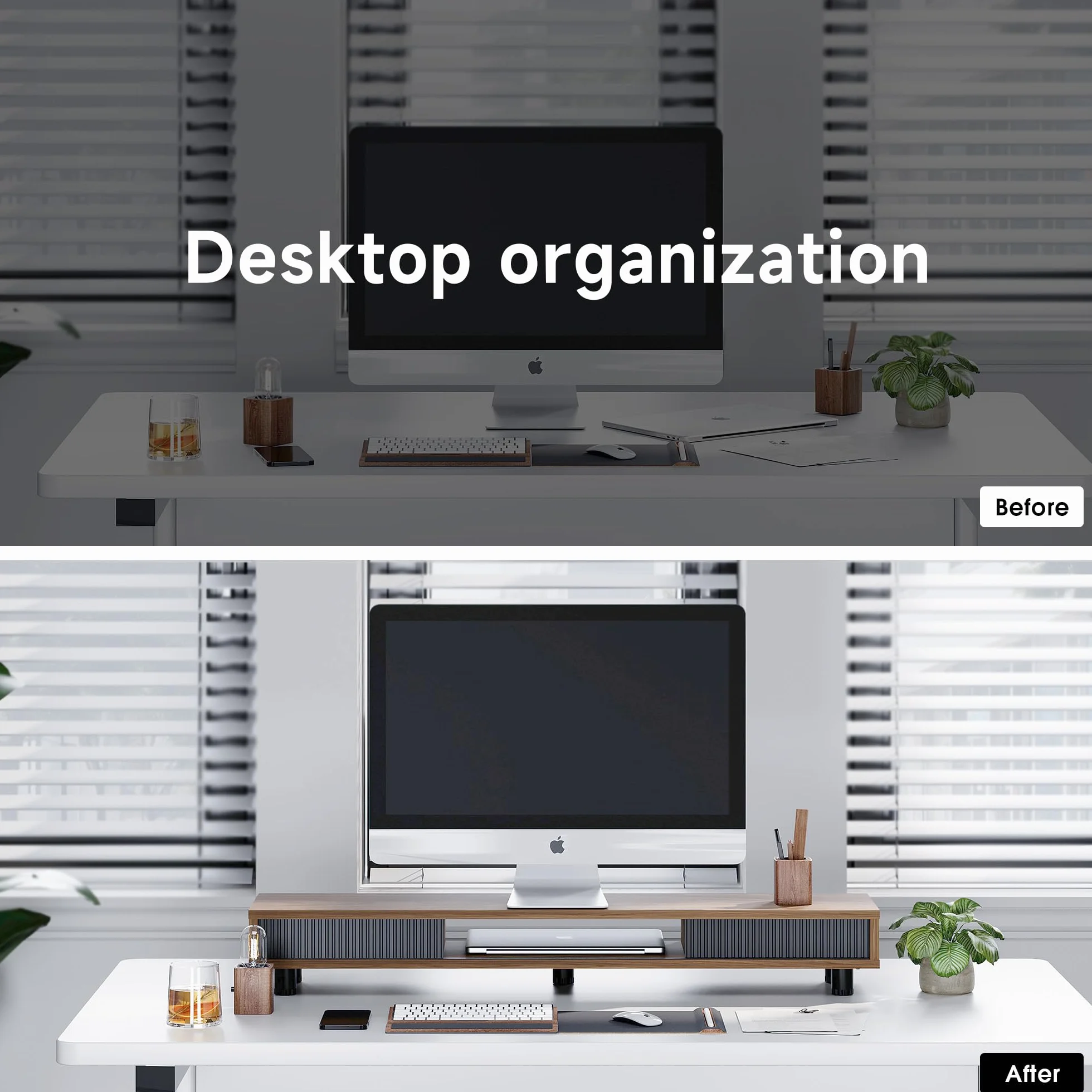 Fenge Podstawka pod monitor z przesuwanymi szklanymi drzwiami, 108 cm, duży stojak na komputer na 2 monitory, PC, laptopa, drukarkę, telewizor, domowe biuro, organizer na biurko (brązowy)