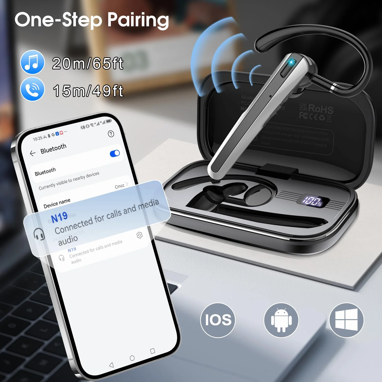 V5.3 zestaw słuchawkowy Bluetooth, bezprzewodowy zestaw głośnomówiący z podwójnym mikrofonem ENC, czas odtwarzania 120 godzin z ładowarką LED, zestaw słuchawkowy z mikrofonem do telefonów
