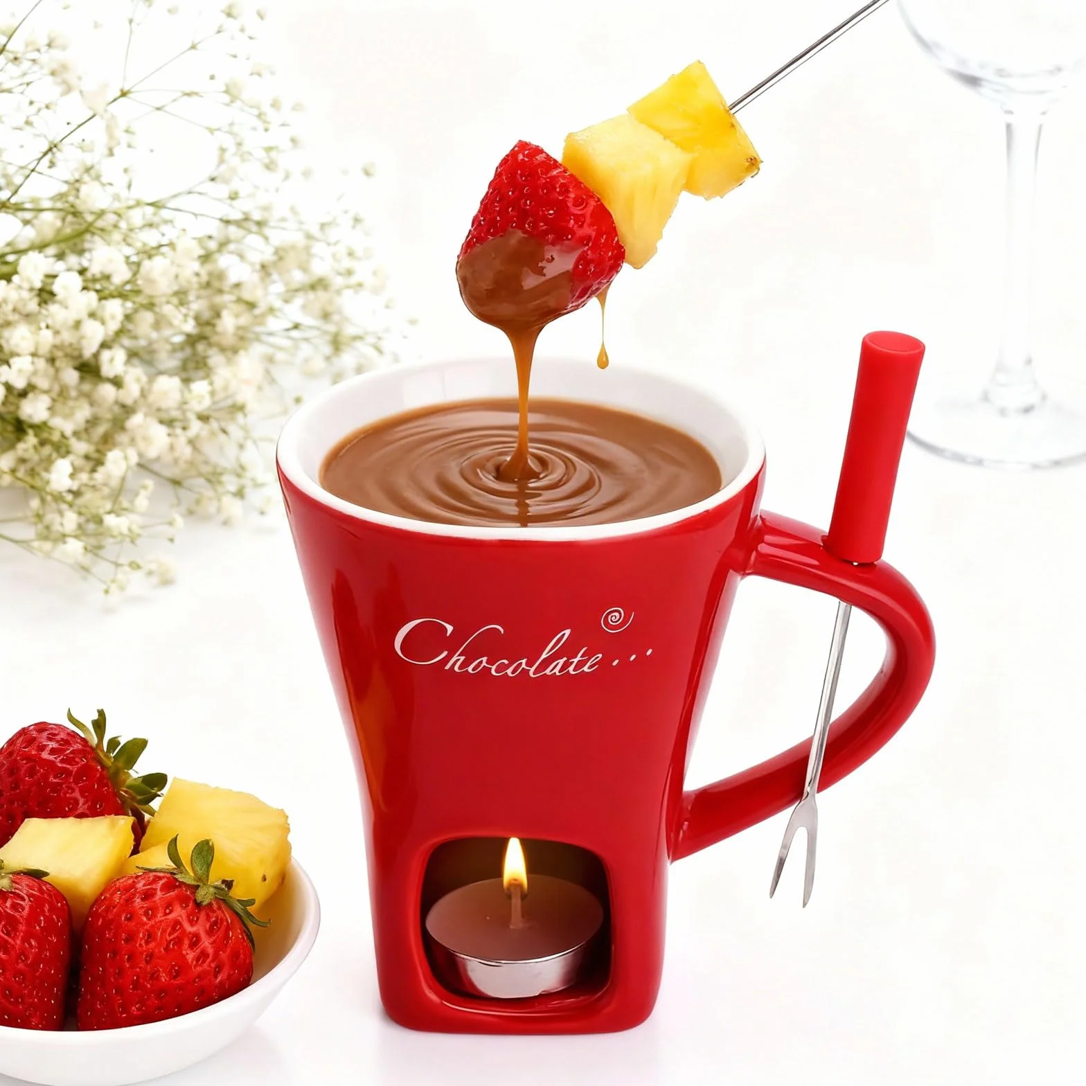 Kubek do fondue czekoladowego, ceramiczny, 130 ml, czekoladowy kubek do fondue z uchwytem na podgrzewacze i widelcami, czekoladowe fondue, zestaw do fondue, czekolady, fondue, zestaw do topienia