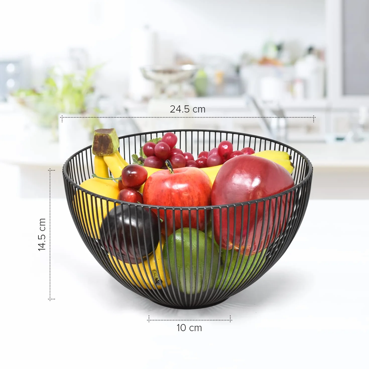 Joeji's Kitchen czarna malowana proszkowo metalowa miska na owoce, nowoczesna kuchnia miski na owoce z podkładkami antypoślizgowymi, kosz na owoce z otwartego drutu 25 cm