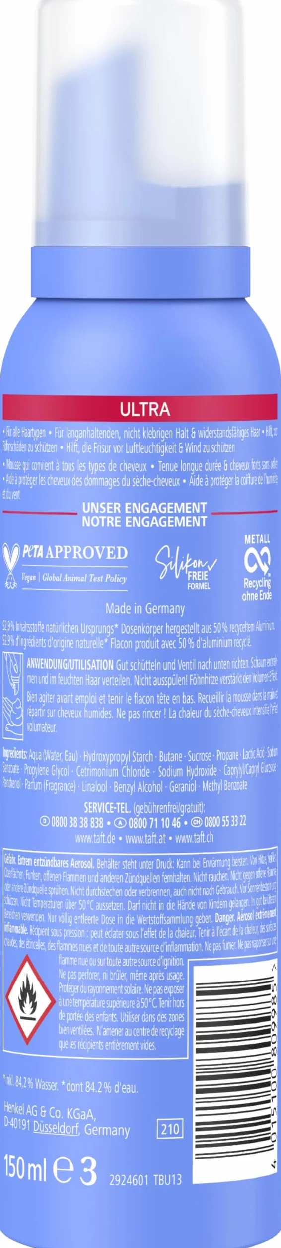 Schwarzkopf TAFT pianka do włosów Ultra (150 ml), stopień utrzymania 4, pianka do włosów do wszystkich rodzajów włosów, wzmacnia włosy, wegańska formuła*