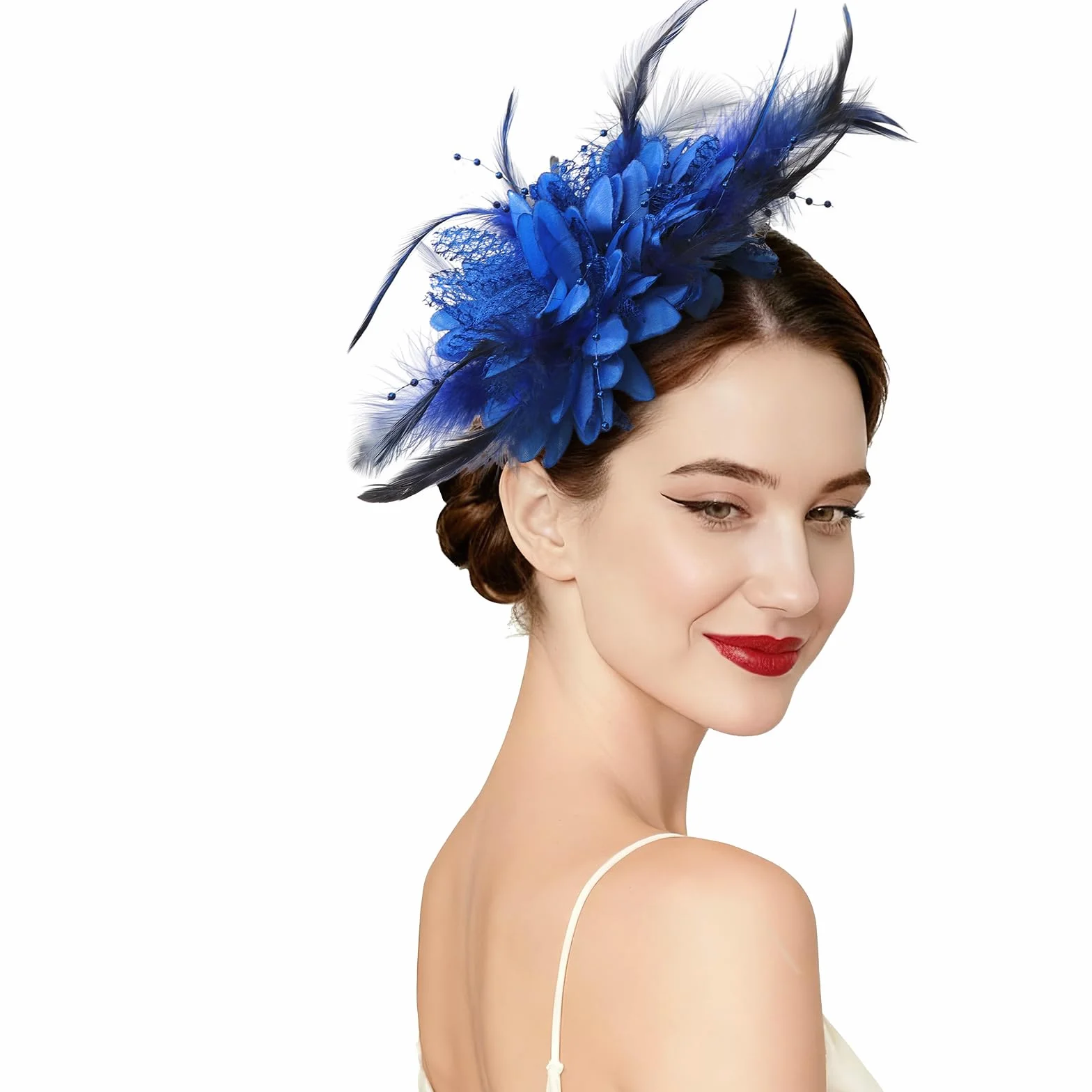 DRESHOW Fascinator Kapelusie dla Kobiet Kapelusze na Przyjęcie Herbaciane z Koronką Perły Piórkami i Klipsem do Opaski Kapelusze Derby Vintage na Wesele i Koktajl