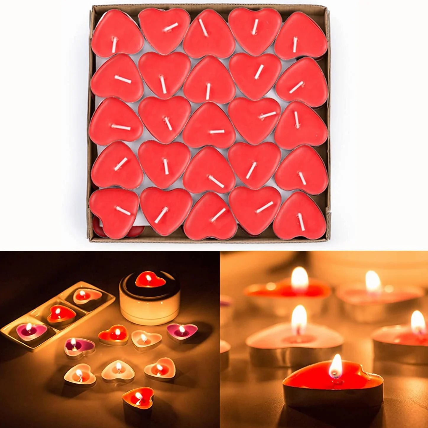 Zestaw 50 świeczek tealight w kształcie serca, bez dymu, czerwone