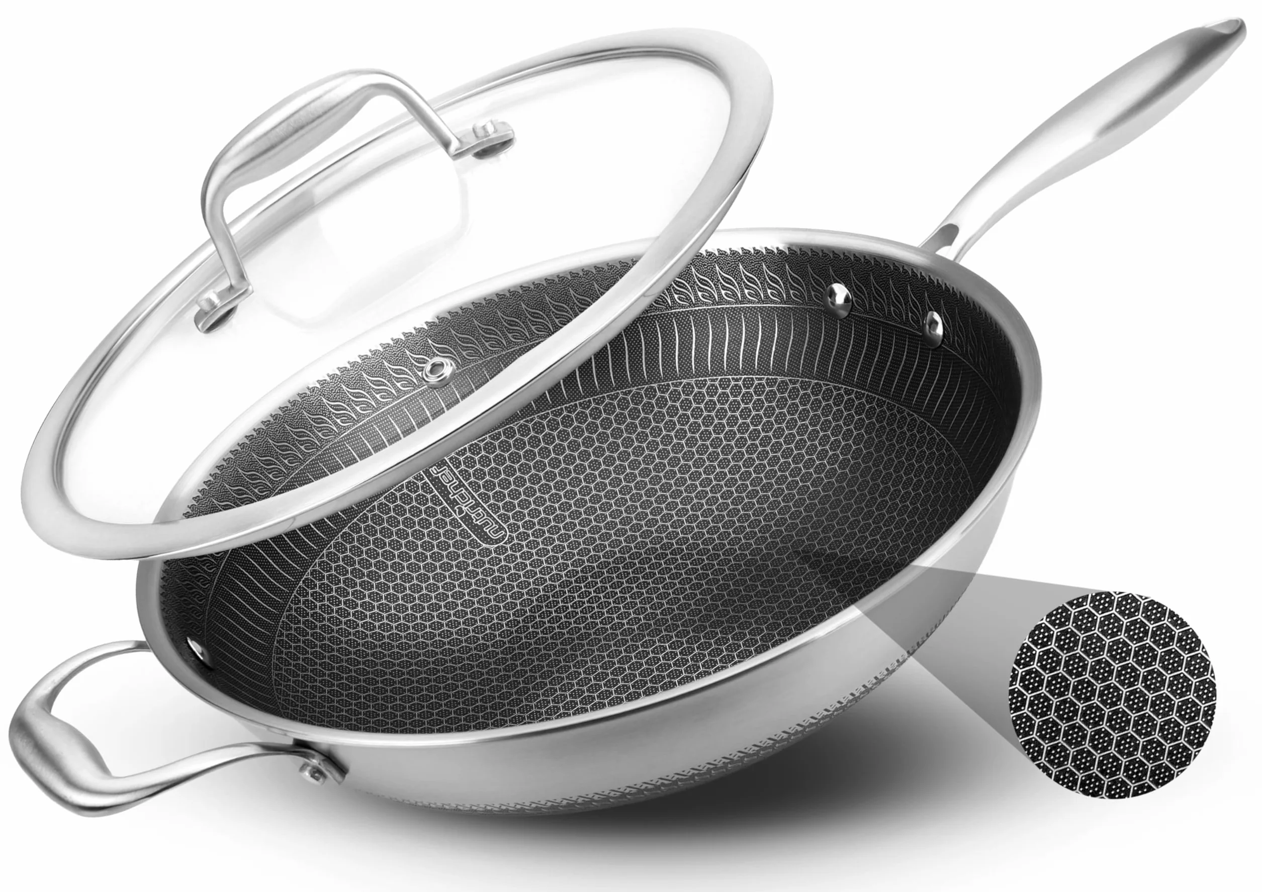 Nutrichef Wok nieprzywierający ze stali nierdzewnej 30 cm, szklana pokrywka, kompatybilny indukcyjnie