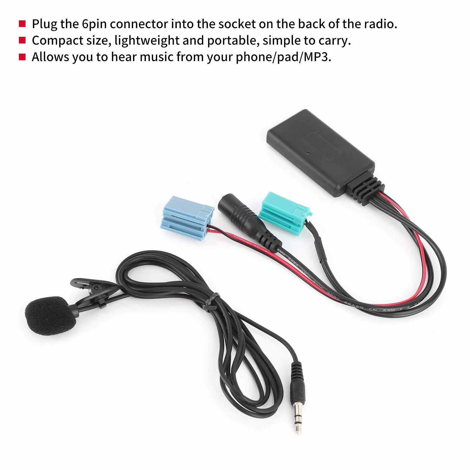 Kabel Audio Bluetooth, 6-pinowy Adapter Samochodowy AUX Adapter Samochodowy Stereo AUX-IN ze Złączem Audio Mikrofonu Zamiennik dla/Espace/Megane
