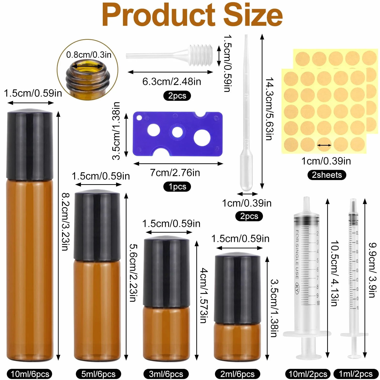Zestaw 24 sztuk butelek z brązowego szkła, 2 ml/3 ml/5 ml/10 ml, szklane butelki, rolka zwijana z wałkiem ze stali nierdzewnej, bursztynowe butelki ze strzykawką, butelka z wałkiem na rolkę do