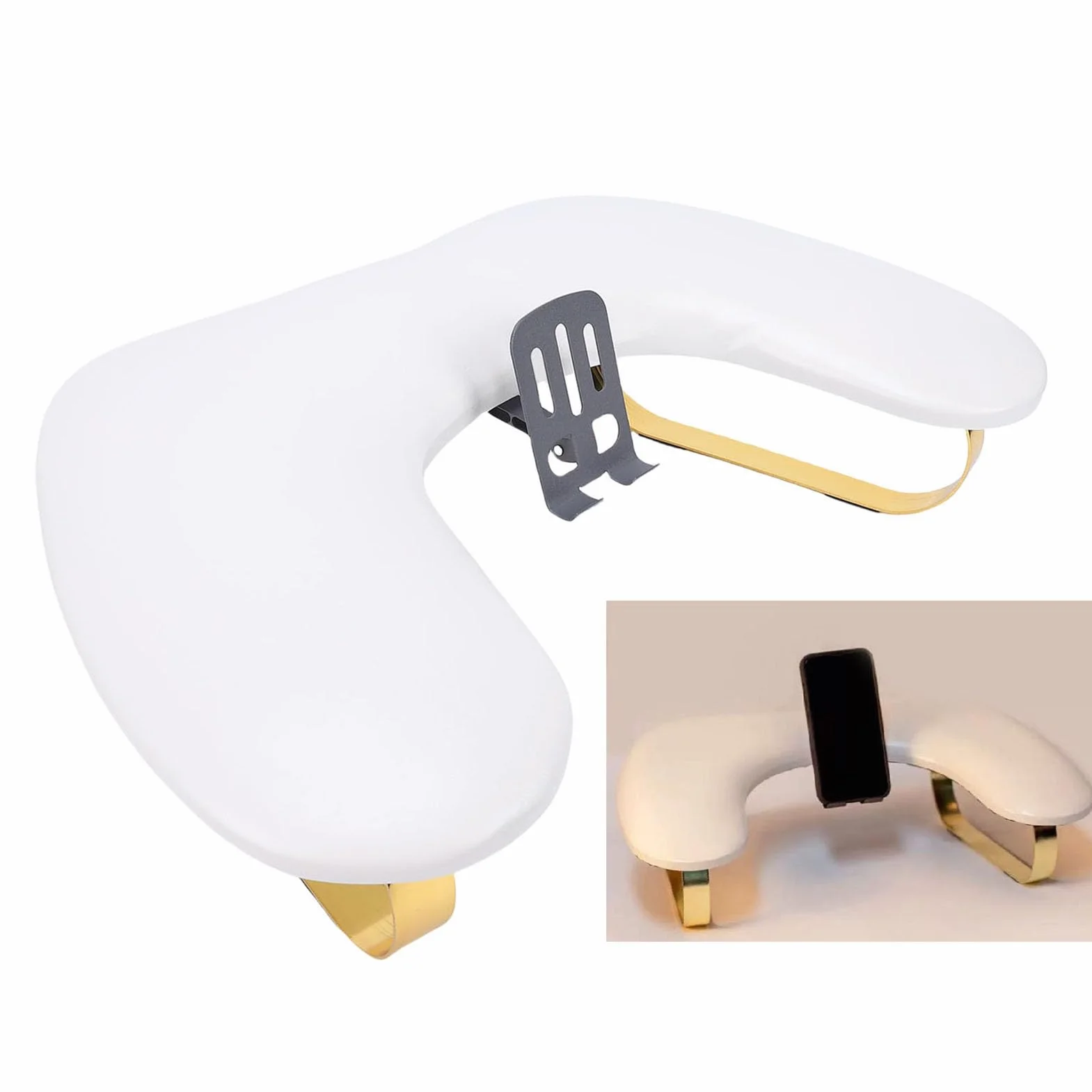 Goshyda Podłokietnik do Manicure w Kształcie Litery U do Paznokci Tech, Ergonomiczny Podłokietnik Paznokci z Regulowanym Uchwytem na Telefon (WHITE)