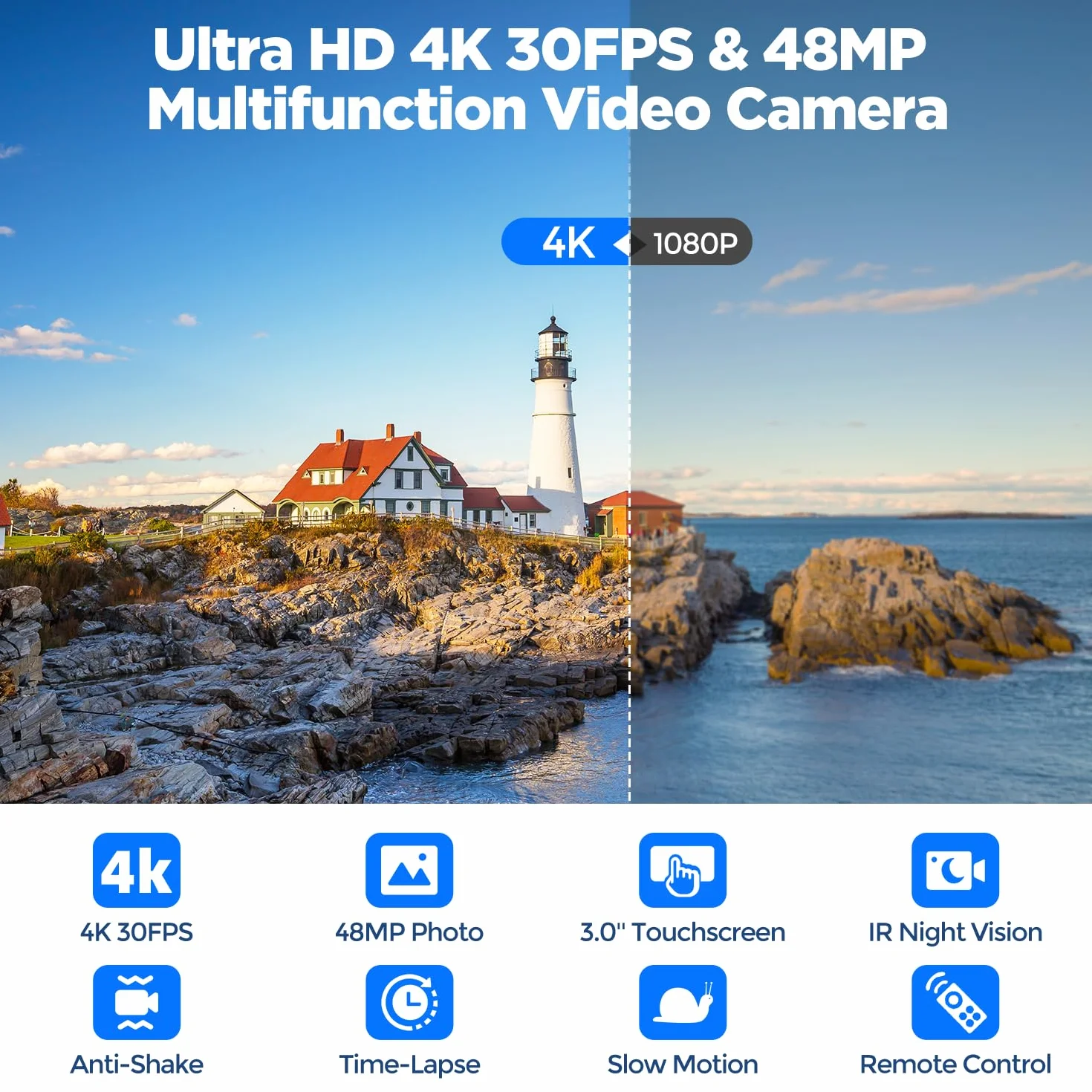 Kamera wideo 4K 48MP do vlogowania na YouTube, noktowizor ekran dotykowy 3" 270° obrotowy 16-krotny zoom cyfrowy camcorder video camera, kamera do vlogowania z kartą 32 GB, pilot, bateria, zdalnego