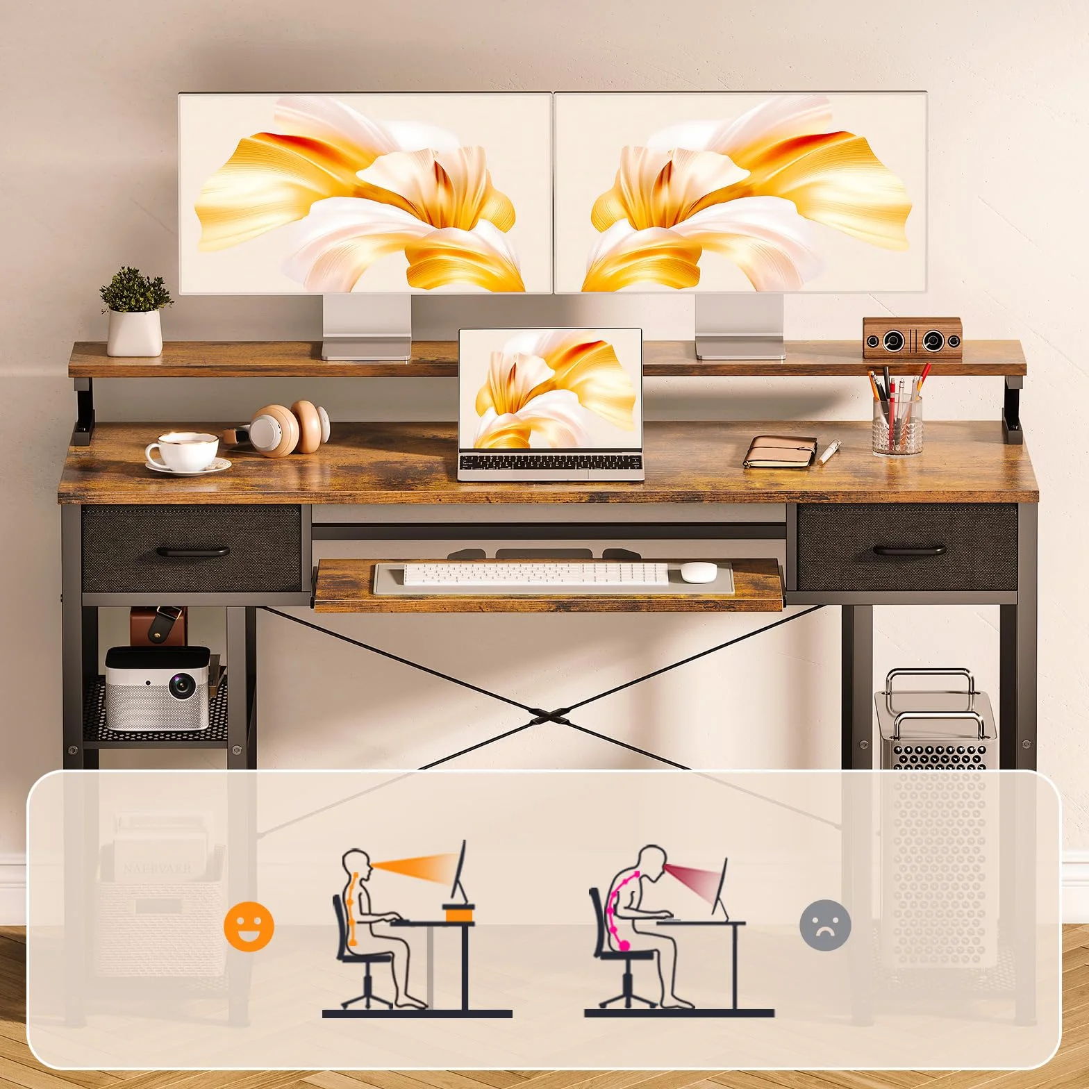 ODK Biurko komputerowe z szufladami 120x48x90 cm drewniane z półką na klawiaturę i stojakiem na monitor brązowe