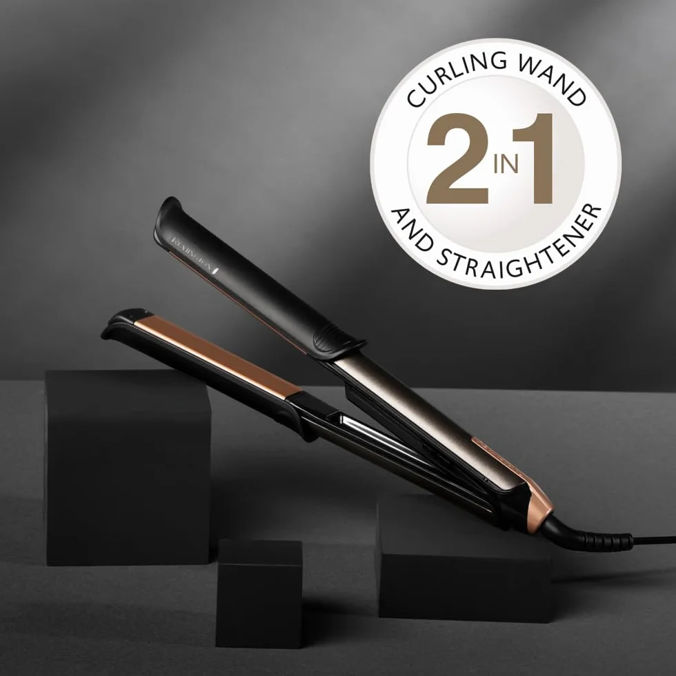 Remington prostownica do włosów i lokówka (2w1), łatwe przełączanie trybu prostowania/kręcenia dzięki nakładką FlexiCovers, temp. 150-230°C, wyświetlacz cyfrowy, ONE Straight & Curl Styler S6077
