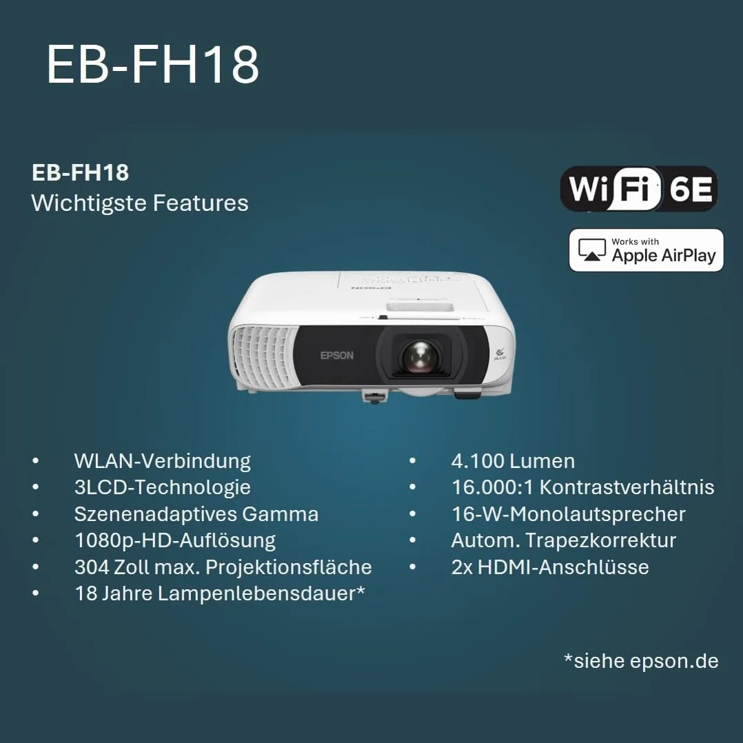 Epson EB-FH18 projektor lampy Full HD, 2 x złącza HDMI, 4100 lumenów, duży ekran projekcyjny do 304 cali