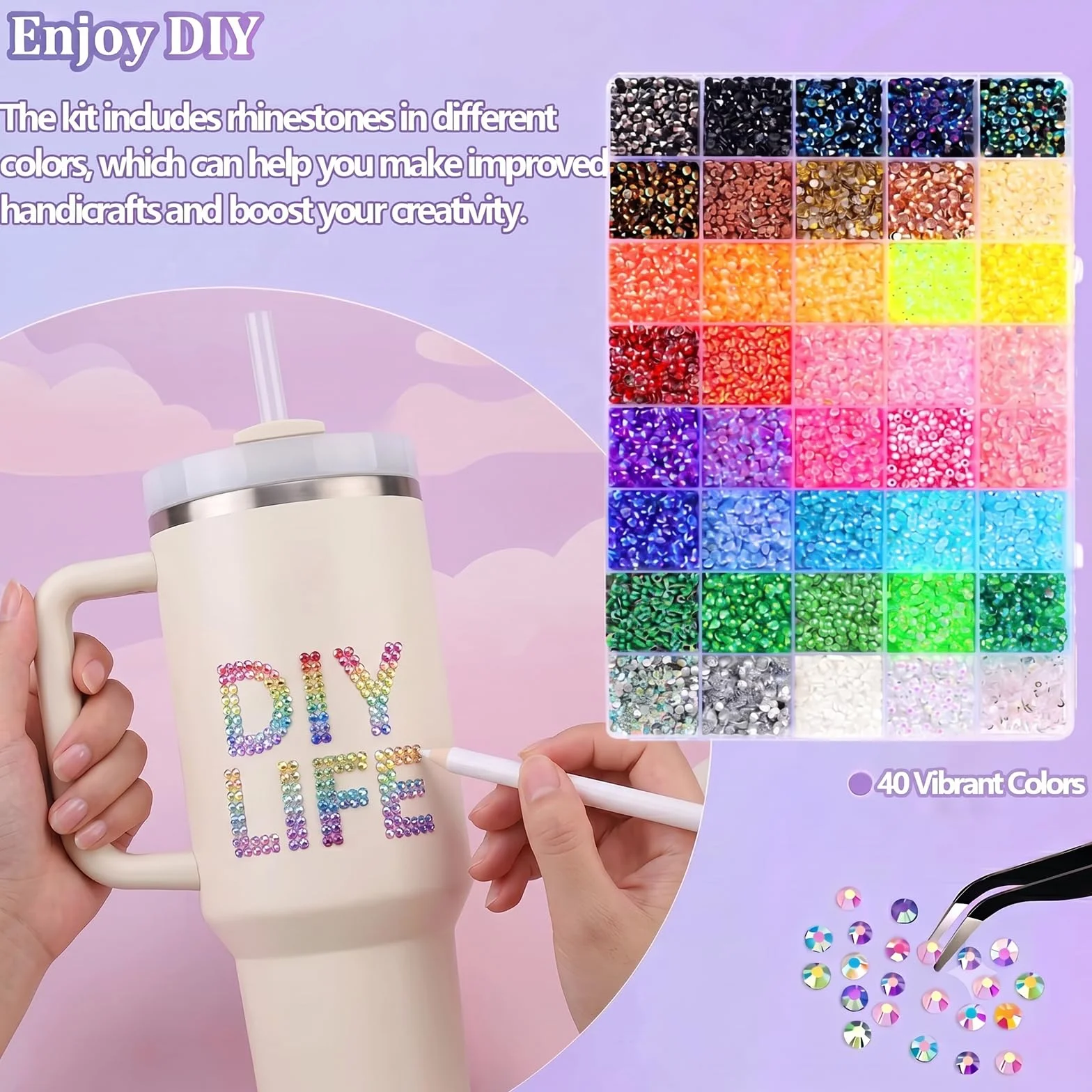 Zestaw do ozdabiania Bedazzler 35 000 sztuk kryształków typu Jelly w 40 kolorach, żywiczne kamienie o płaskim spodzie (3 mm) do zdobień w stylu Diamond Art w komplecie z, pęsetą i aplikatorem