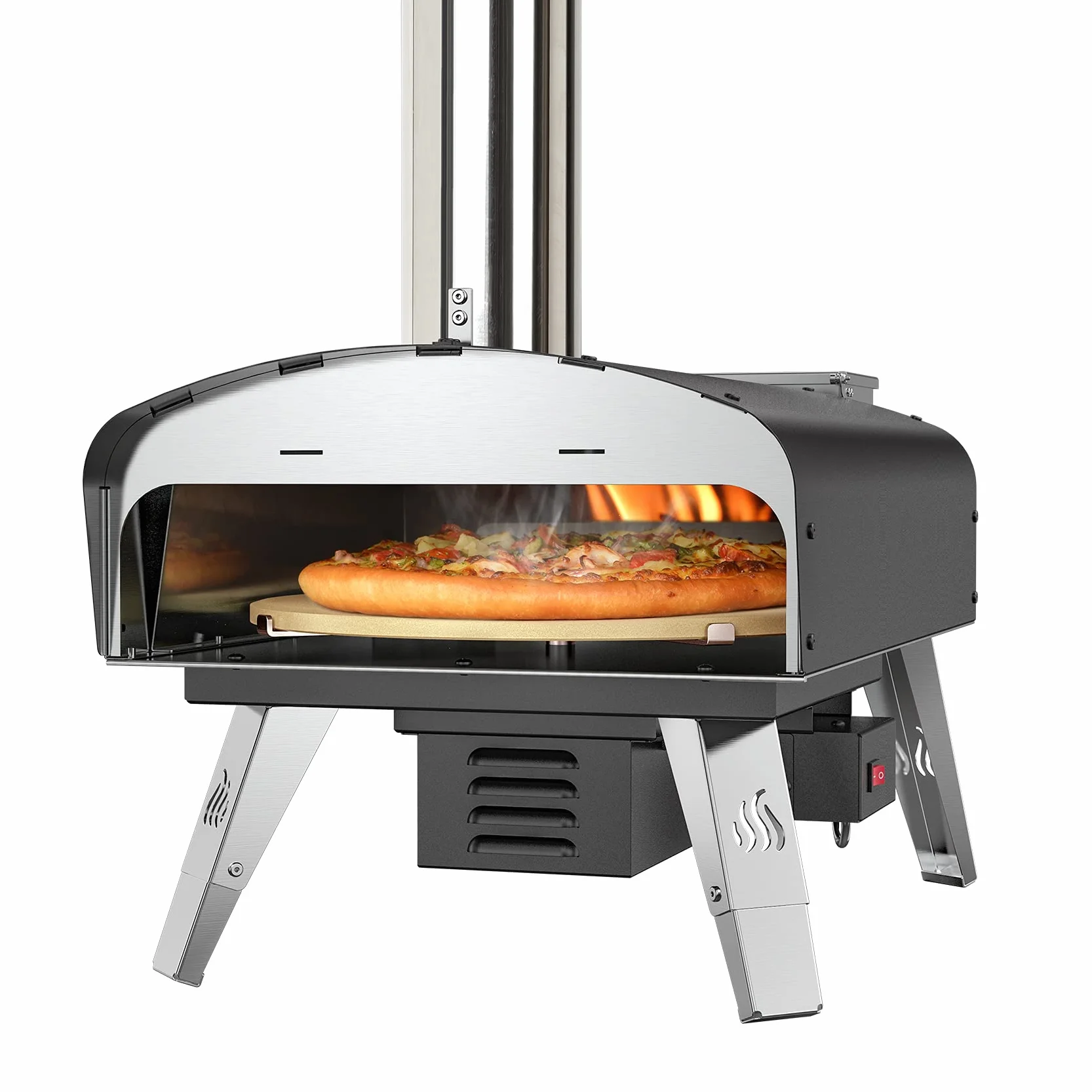Mimiuo piec do pizzy na drewno i pellet z kamieniem do pizzy, automatyczny obrotowy, czarny
