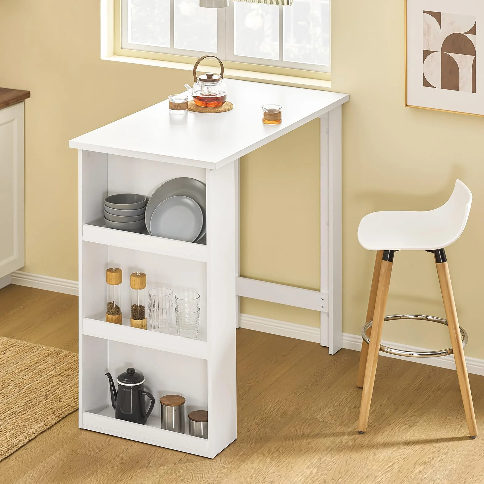 SoBuy Wysoki Stół Kuchenny Barowy z Półkami, Biały, 112 x 57 x 106 cm FWT17-II-W