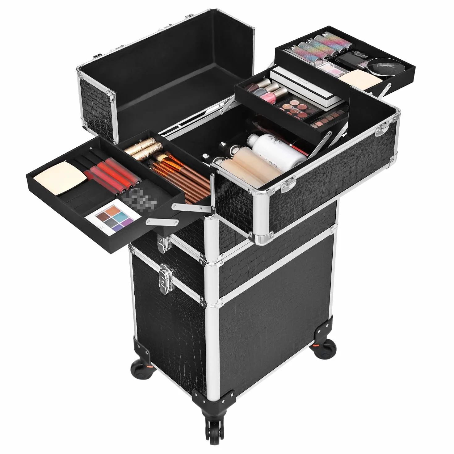 SONGMICS Aluminiowa walizka na kółkach, walizka fryzjerska, kuferek na kosmetyki bez zawartości, bagaż podręczny, Beauty Case, 4 w 1, XXL, czarna JHZ06B