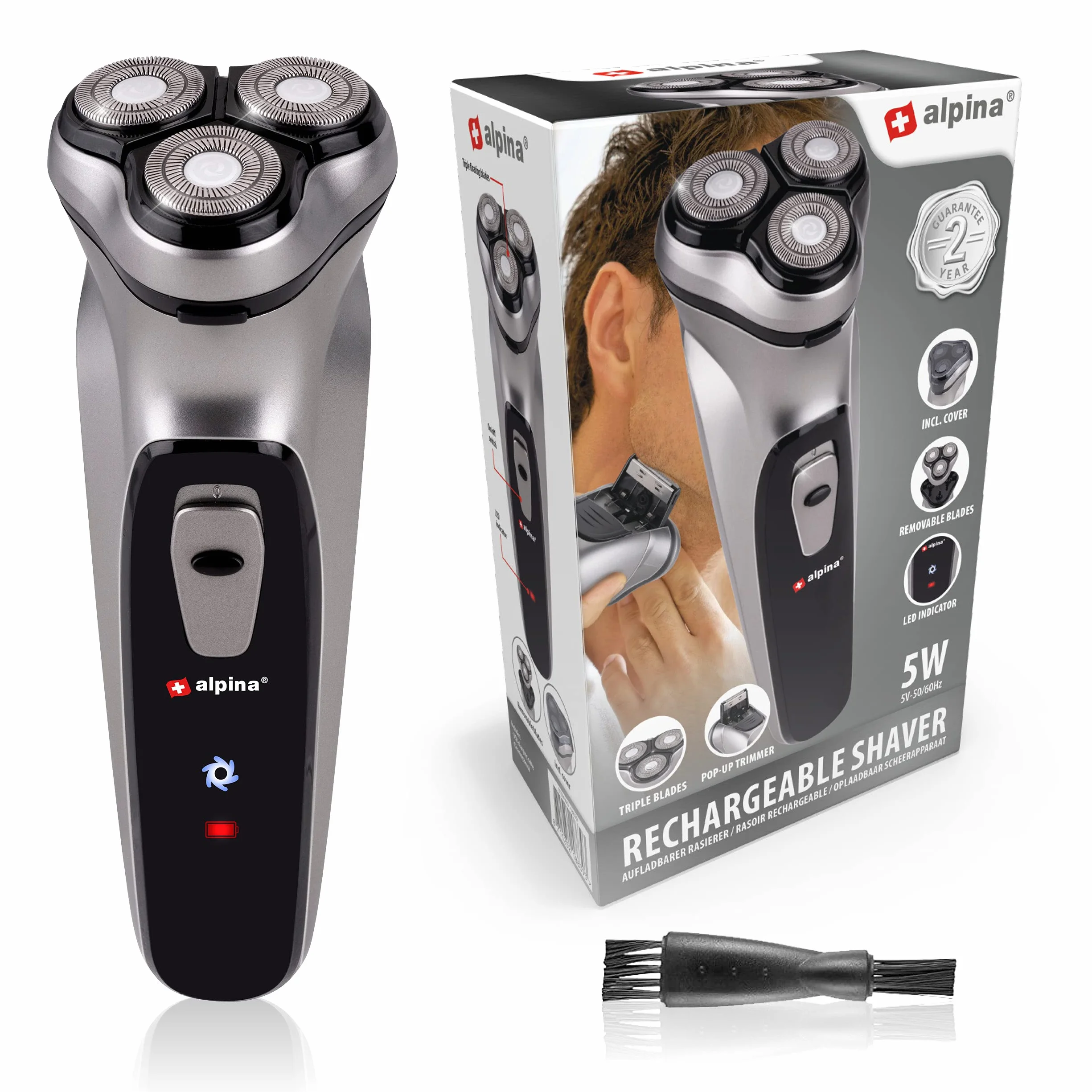 alpina Golarka męska – akumulator USB – 3 pływające głowice golące – trymer pop-up – ze szczotką do czyszczenia i nasadką ochronną – kabel USB