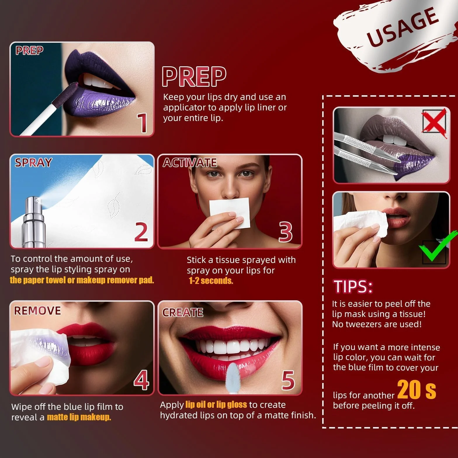 Prreal 3-Piece Peel Off Lip Liner Stain Set with Setting Spray and Tweezers, Long Lasting Matte Tint