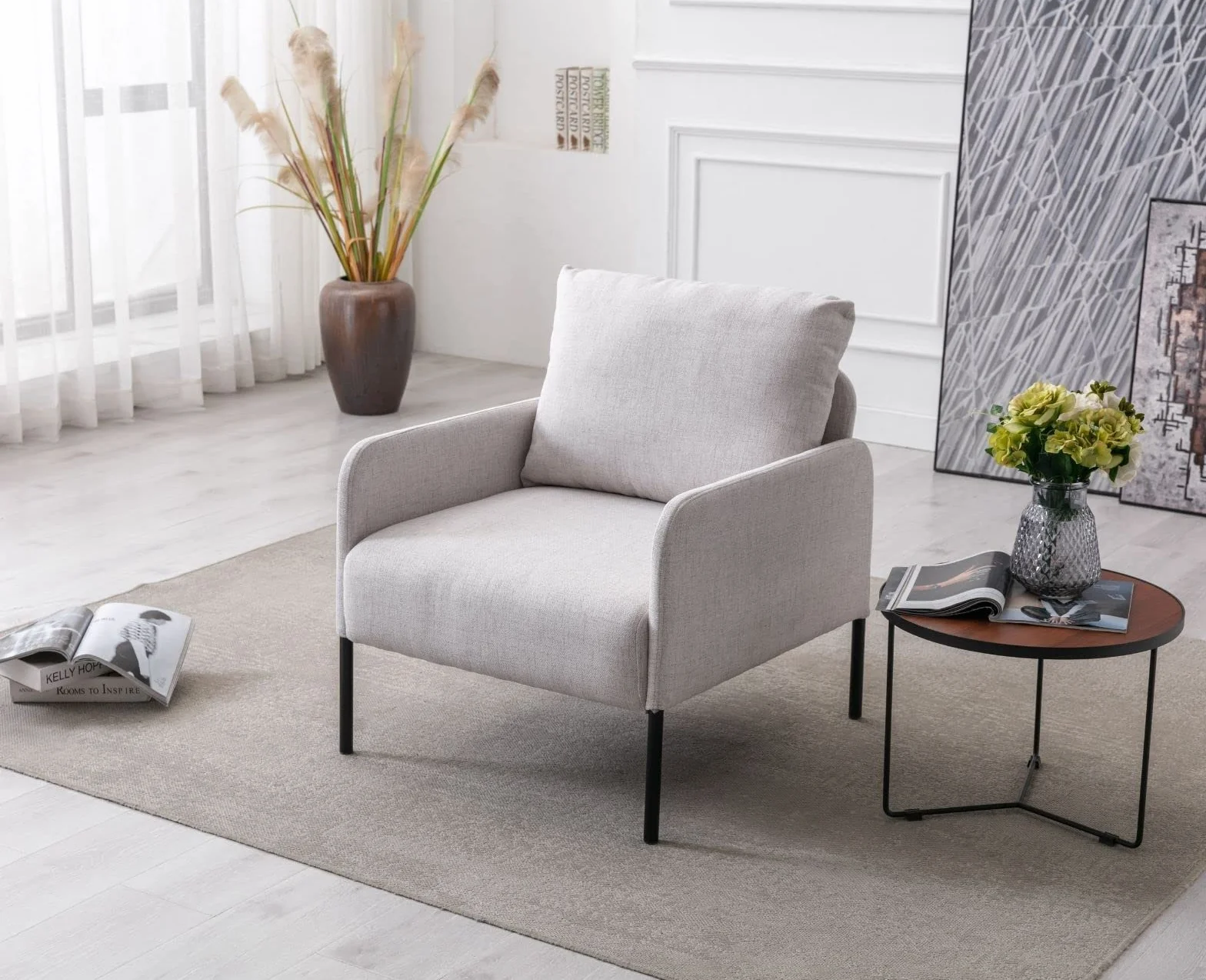 Wahson Lniane krzesło akcentujące, fotel wypoczynkowy, fotel z metalowymi nogami, tapicerowana pojedyncza sofa, okazjonalne krzesło rekreacyjne do sypialni/salonu/czytania, beżowe