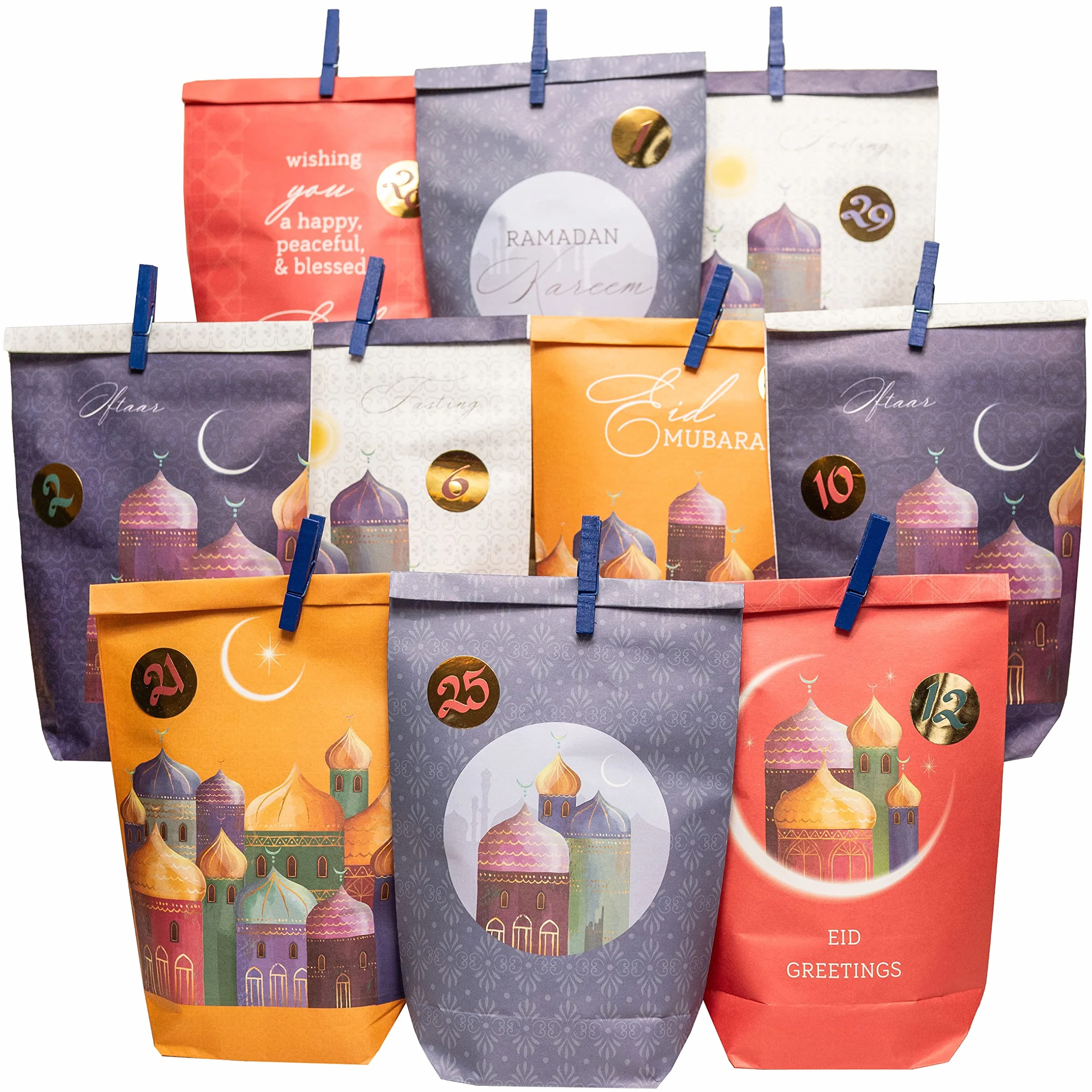 Papierdrachen DIY Kalendarz Ramadan do wypełnienia dla dzieci i dorosłych Zestaw 7 kolorowych toreb papierowych Kraft z nadrukiem