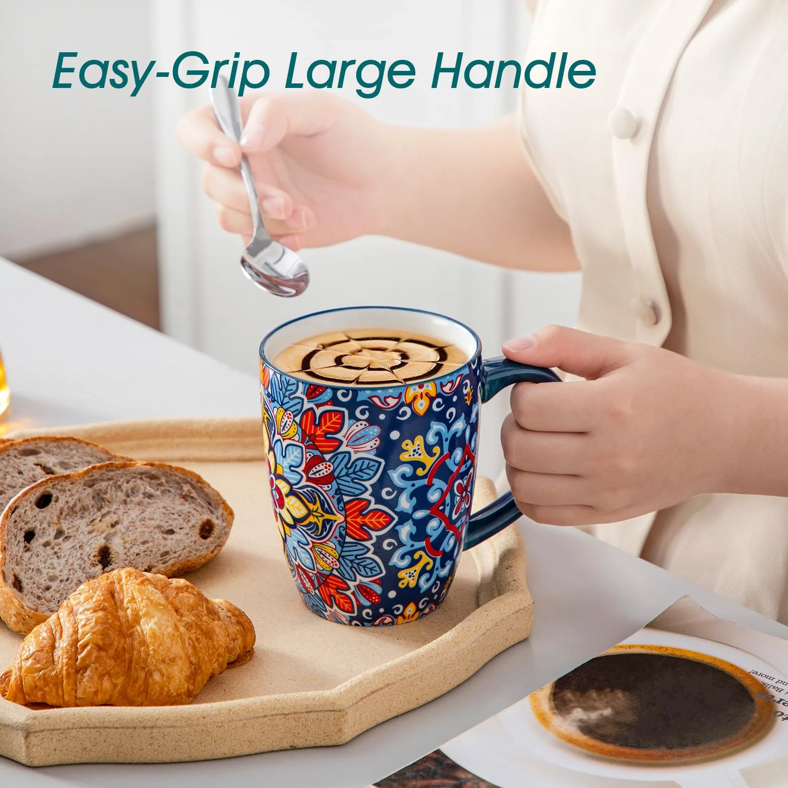 vancasso SIMI Zestaw 6 porcelanowych kubków do kawy, 480 ml, w stylu boho, z uchwytem, nadają się do kuchenki mikrofalowej i zmywarki, nadają się do wszystkich rodzajów napojów