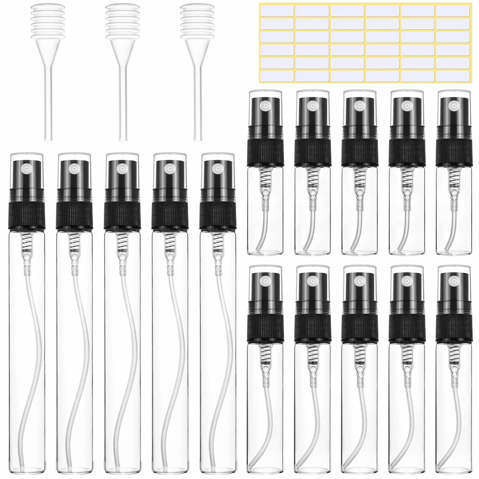 MELLIEX 15 szt. Puste perfumy z rozpylaczem do wielokrotnego napełniania, mini szklana butelka w sprayu do próbek perfum, rozpylacze kosmetyczne, (3 ml, 5 ml, 10 ml) Czarny
