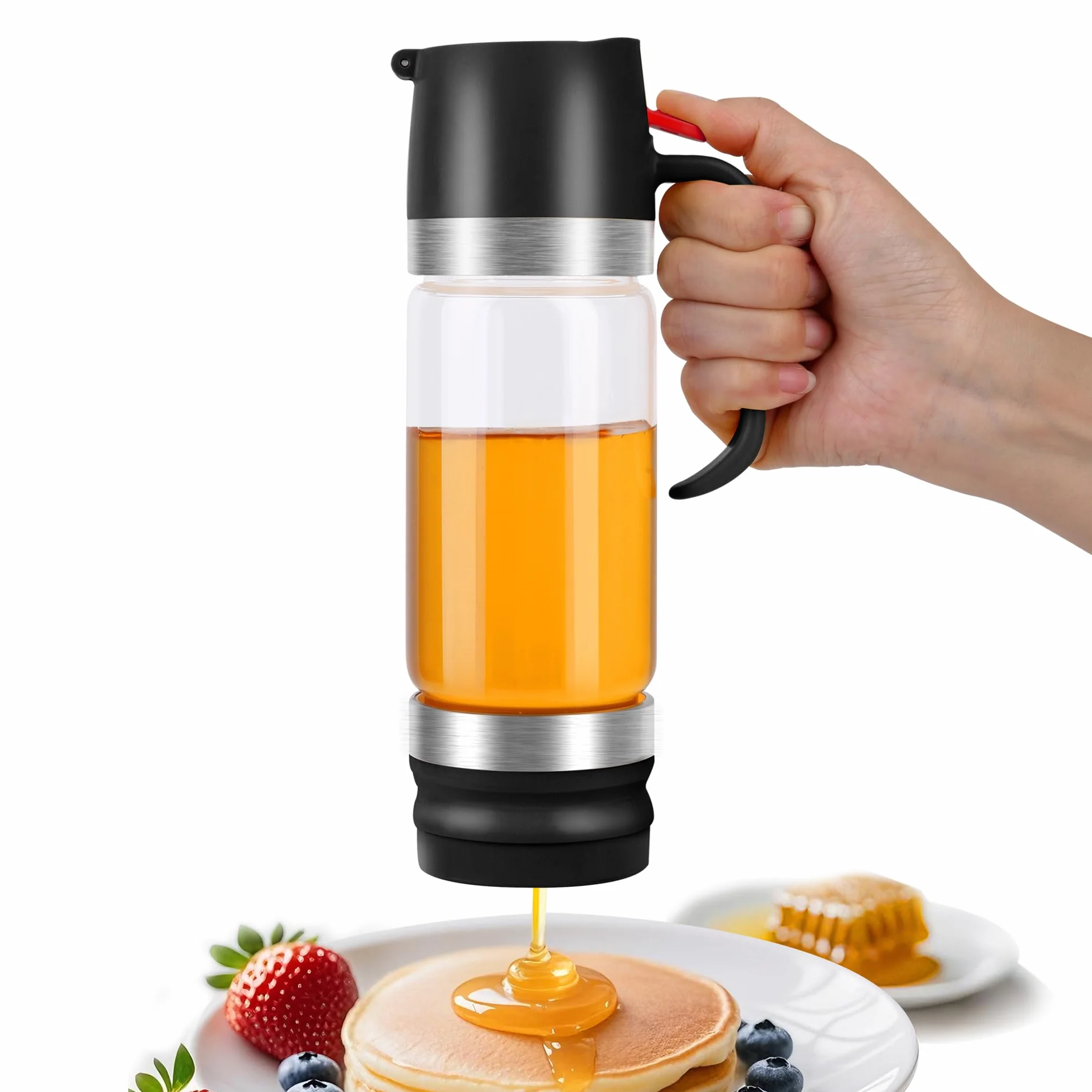 Szklany dozownik miodu 350 ml bez kapania silikonową podstawą czarny
