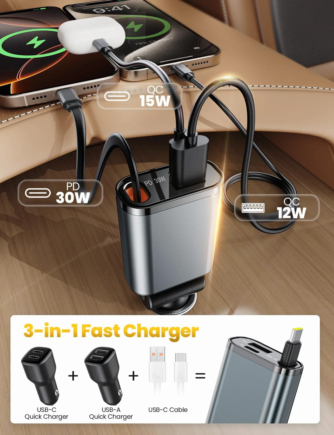 Wysuwana ładowarka samochodowa szybkie ładowanie 3 w 1 adapter 2 chowane kable szybkie ładowanie USB C 57 W adapter samochodowy z wyświetlaczem napięcia kompatybilny z IPhone16/Samsung dla 12V 24V Car