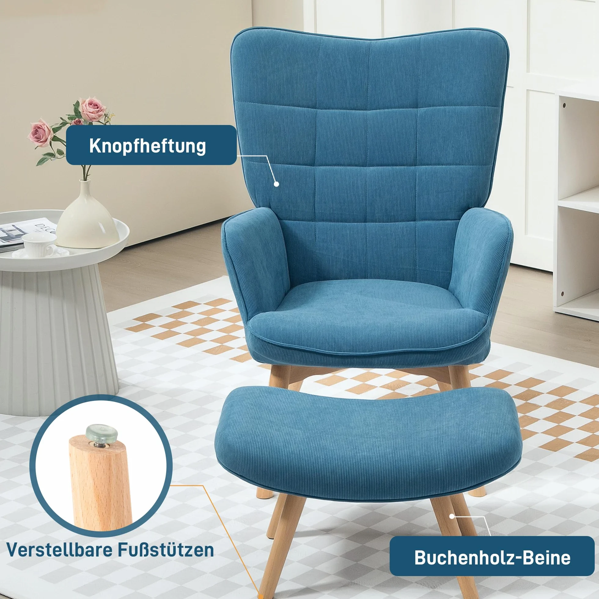 HOMCOM fotel z zauszkami z podnóżkiem, fotel typu lounge z efektem żyłkowania, nowoczesny fotel relaksacyjny, fotel z podłokietnikami, fotel do czytania do salonu, sypialni, kolor niebieski