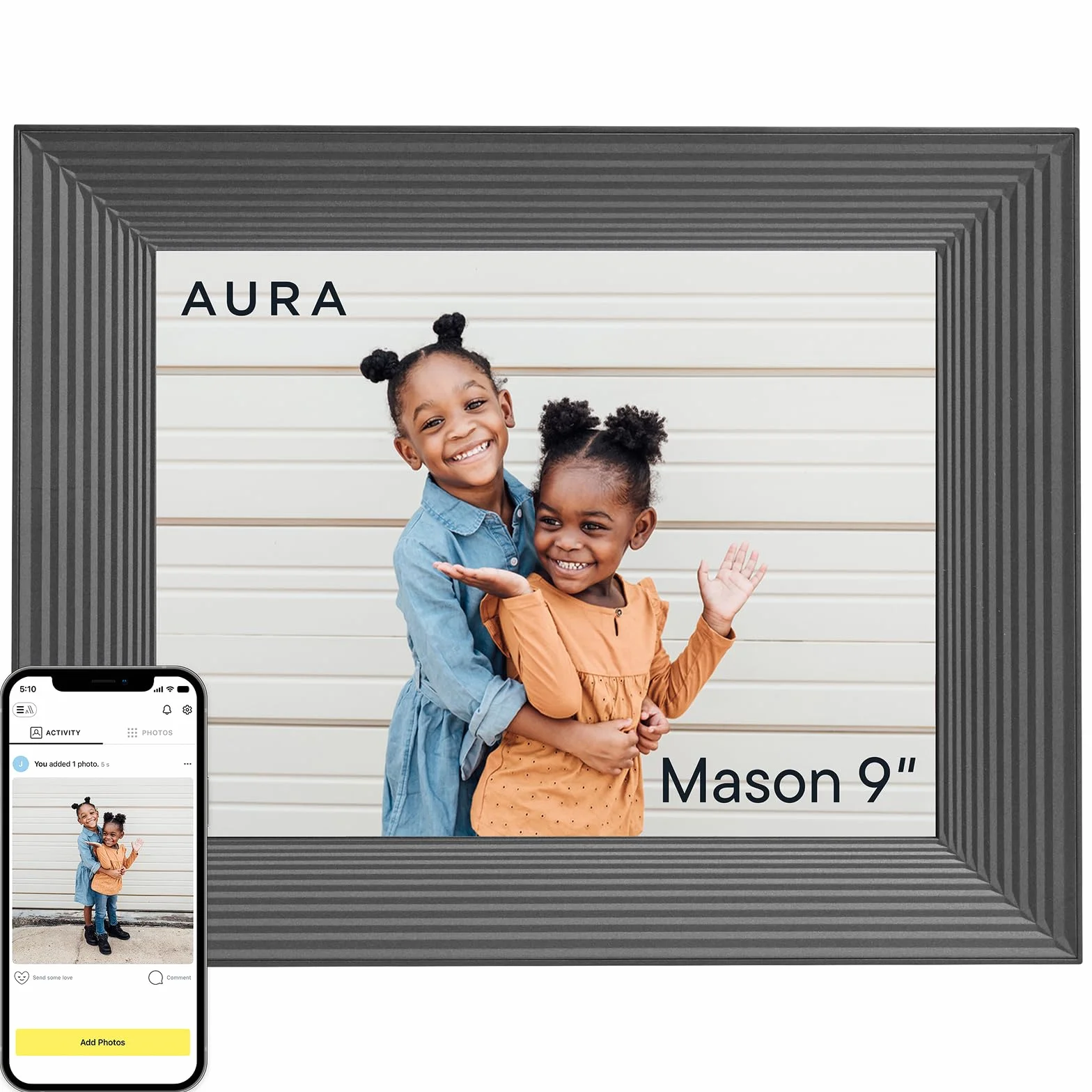 Aura Mason HD Inteligentna cyfrowa ramka na zdjęcia 9 cali WiFi Cloud Cyfrowa ramka na zdjęcia, Bezpłatne nieograniczone przechowywanie, wysyłaj zdjęcia z dowolnego miejsca - Grafitowy