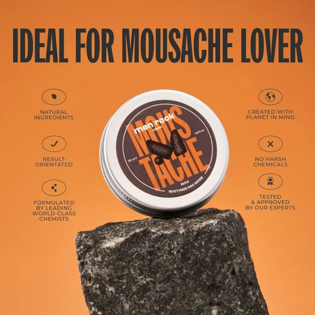 Men Rock Soothing Moustache Wax, Perfect to Shape, Style and Tame Unruly Hairs, Promotes Softer Hair Growth, Enriched with Argan Oil to Moisturise Skin, Fresh and Earthy Oak Moss Fragrance 25ml