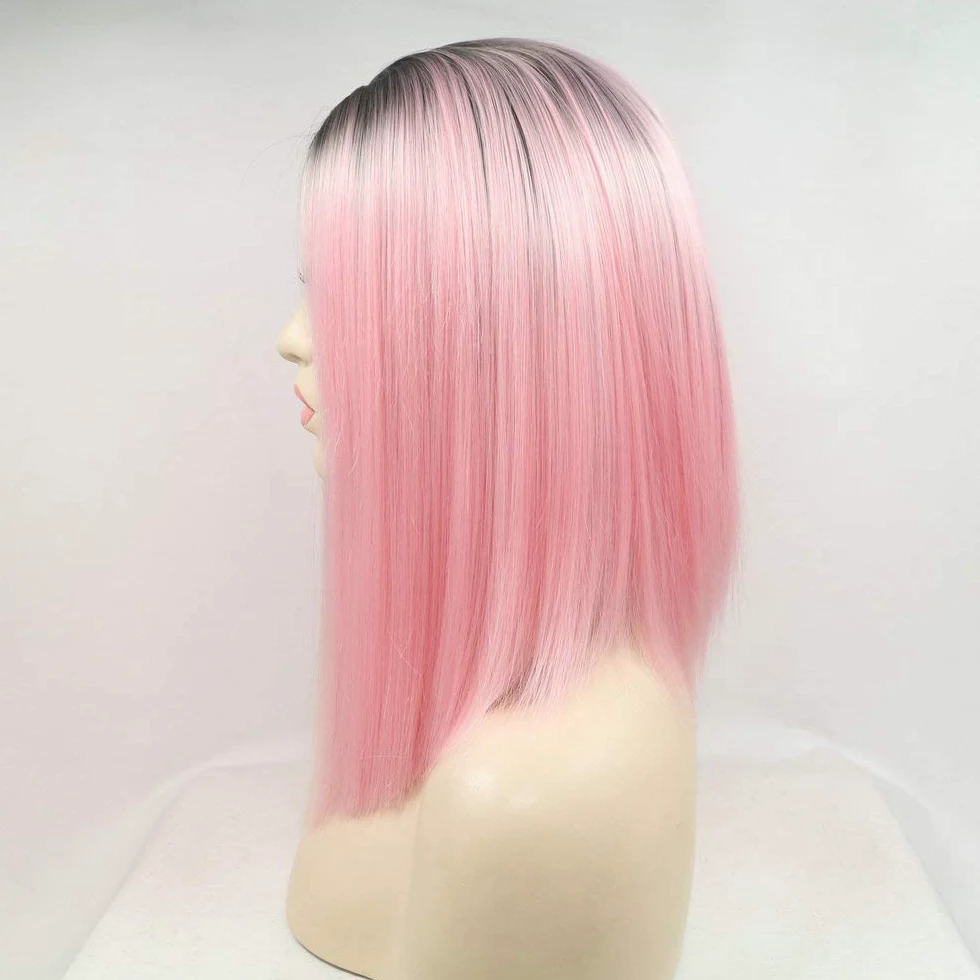 XINGYU Pastelowa różowa peruka ciemne korzenie Drag Queen, przyjazna syntetyczna koronka, peruki dla kobiet, do makijażu, na imprezę, Cosplay, letnie włosy, jasnoróżowe peruki Bob