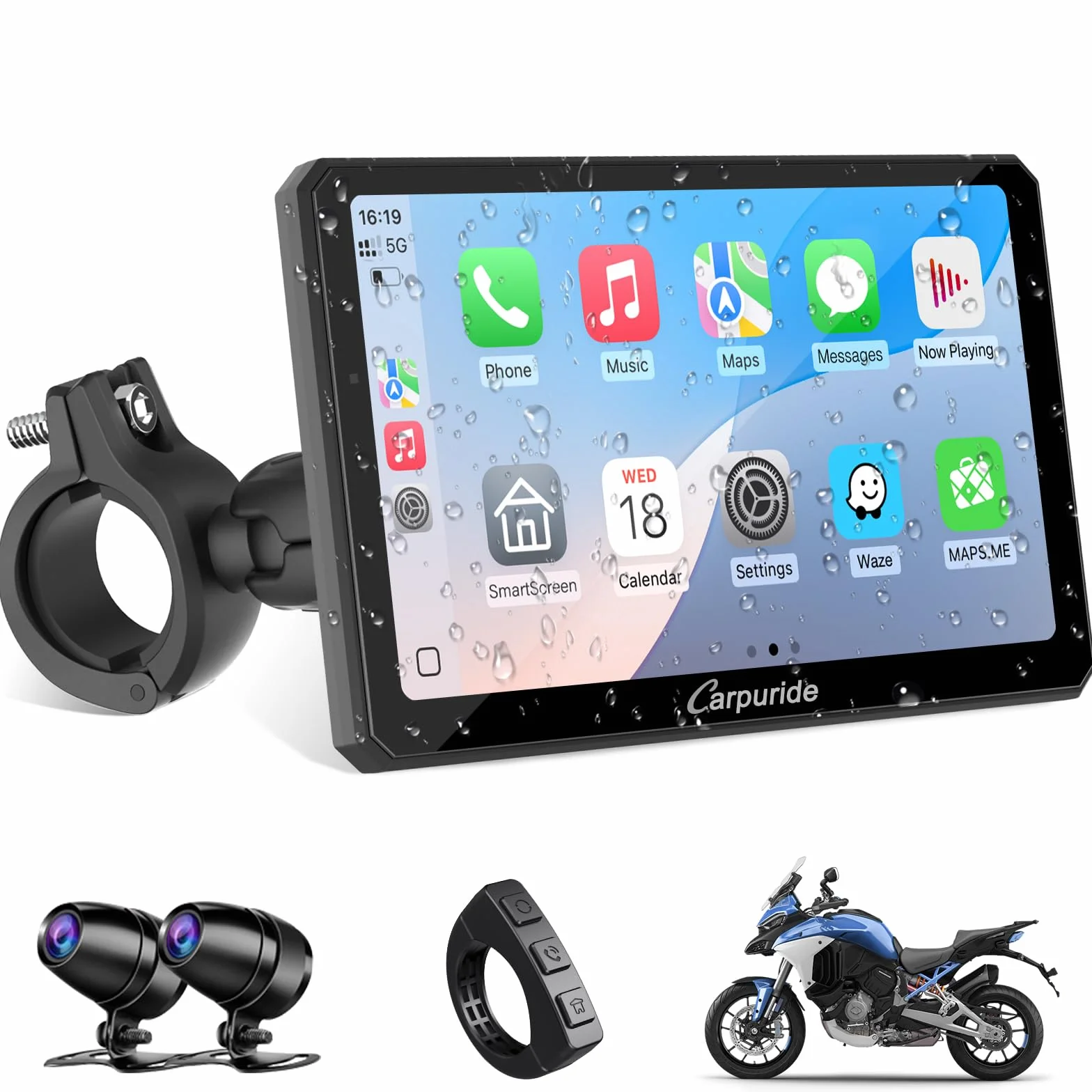 Carpuride W712D Motocyklowy ekran Carplay z kamerą samochodową 1080P HD z przodu i z tyłu, bezprzewodowy CarPlay i Android Auto, wodoodporny ekran dotykowy 17.8 cm, BT Audio, przewodowy kontroler