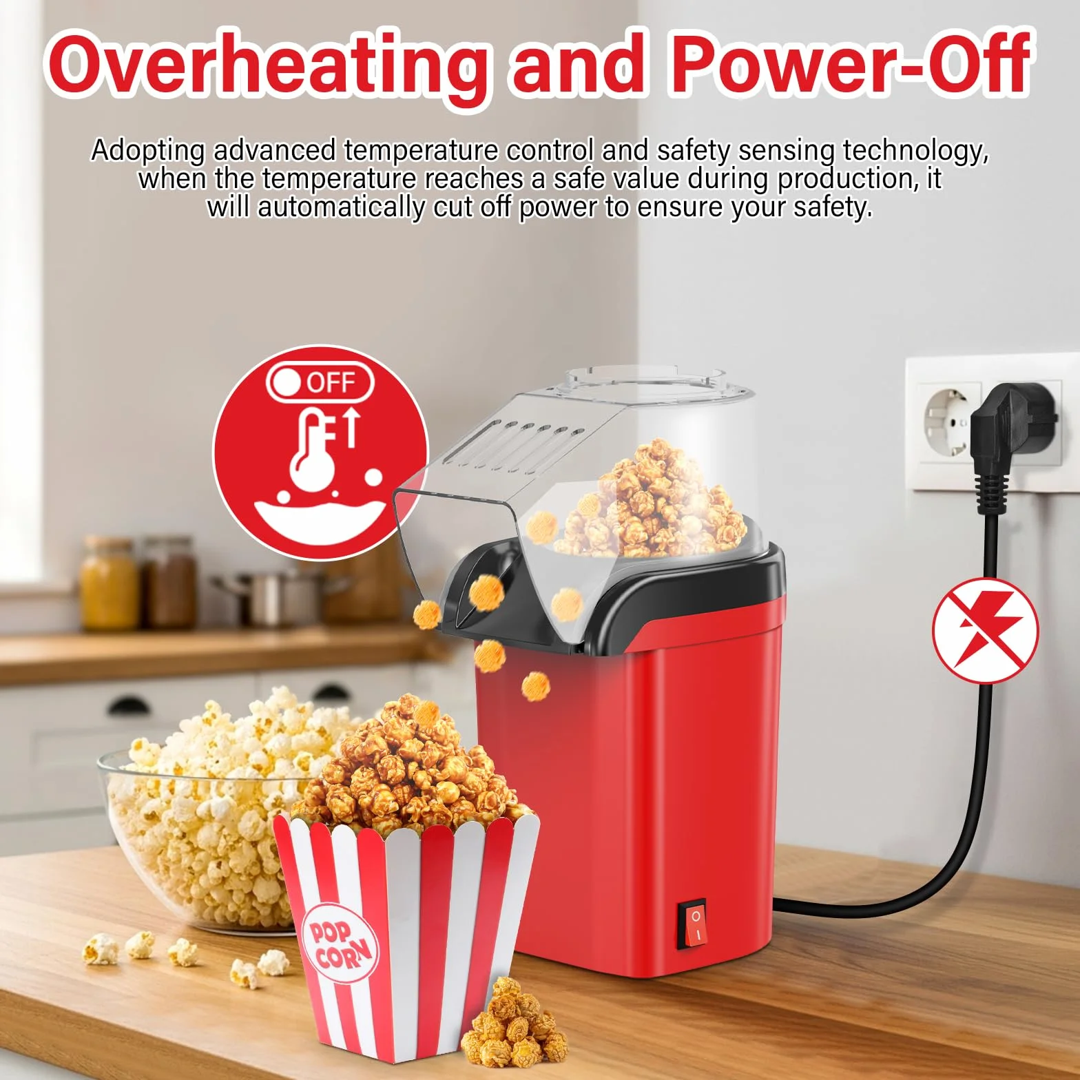 Maszyna do popcornu 1200 W, na gorące powietrze, bez tłuszczu, 3 minuty, obsługa jednym dotknięciem