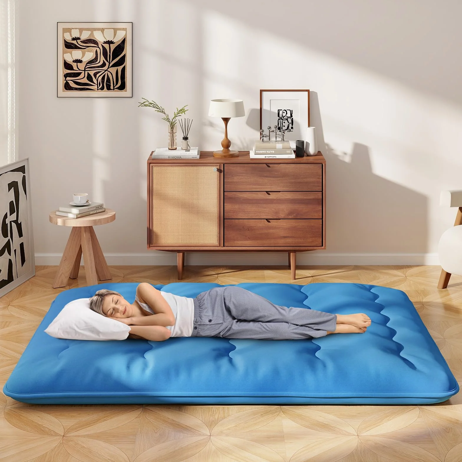 LIFEZEAL Futon materac japoński składany przenośny Tatami 140 x niebieski