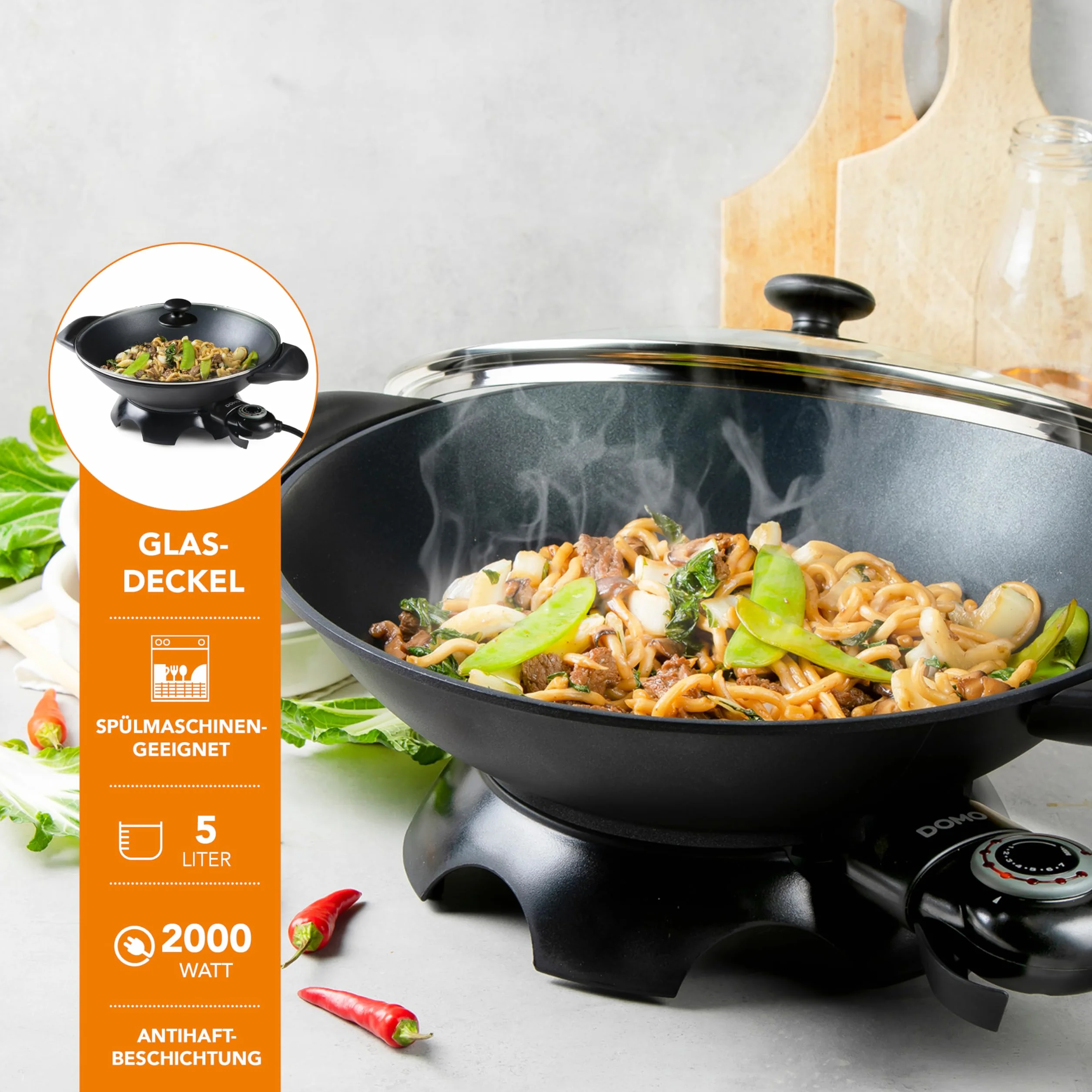 Domo DO8708W elektryczny wok, aluminium, 2200 W, 5 litrów, czarny