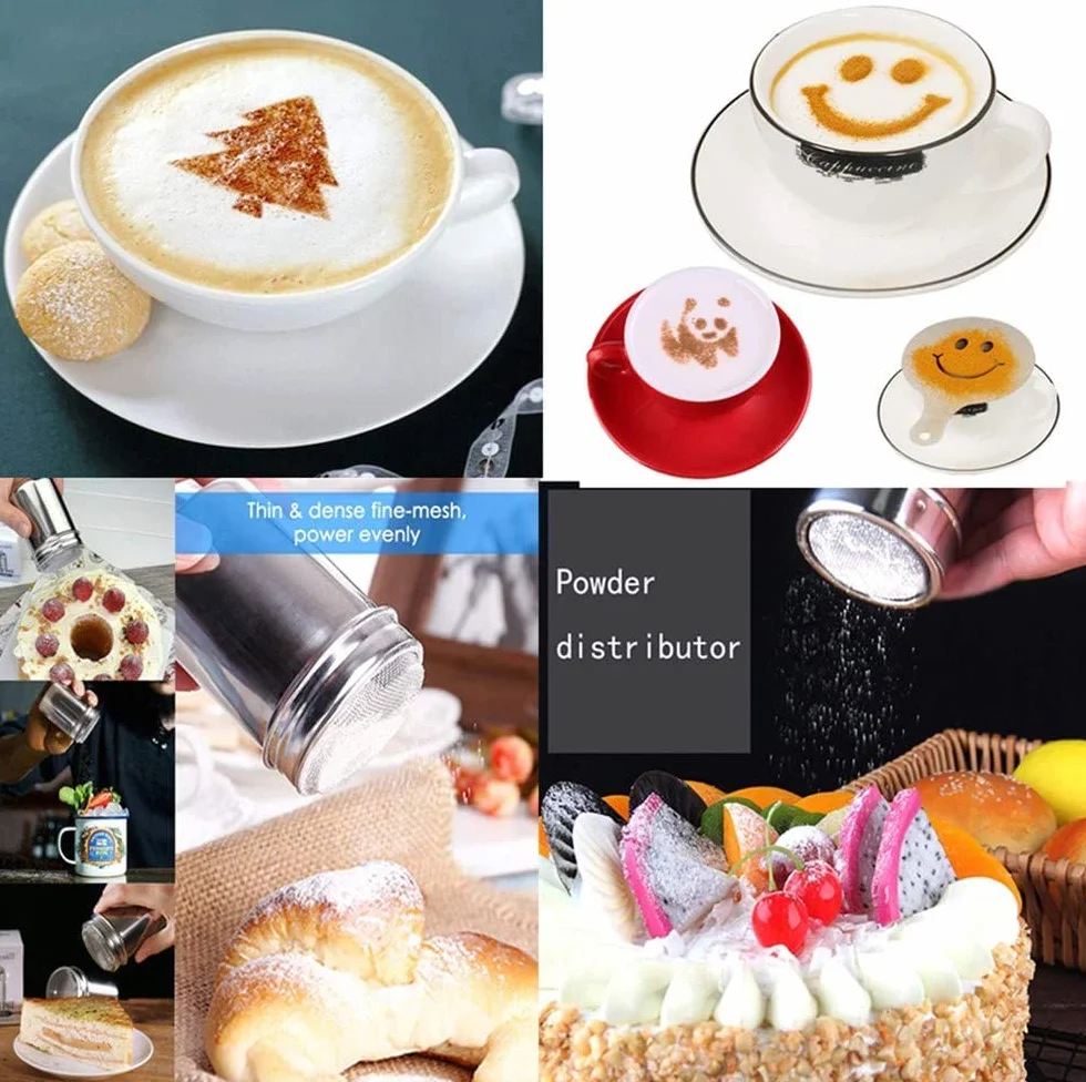 Solniczka do kakao ze stali nierdzewnej 304, 2 sztuki, z pokrywką, z 16 szablonami do kawy, cappuccino, łyżka do mieszania ze stali nierdzewnej