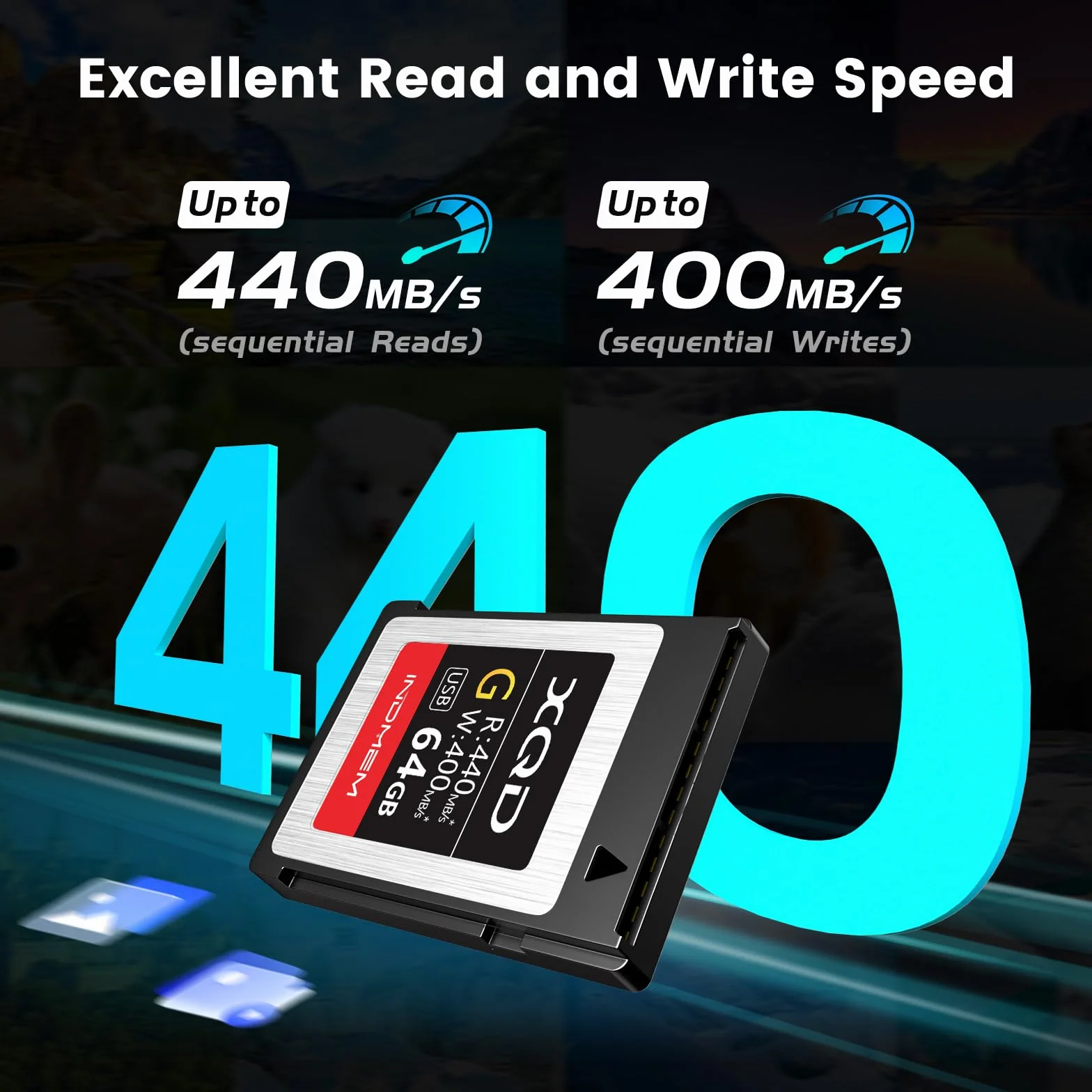 INDMEM Karta pamięci 64 GB XQD Tough MLC XQD 5X Flash Memory Card High Speed seria G (odczyt 440 MB/s i zapis 400 MB/s)