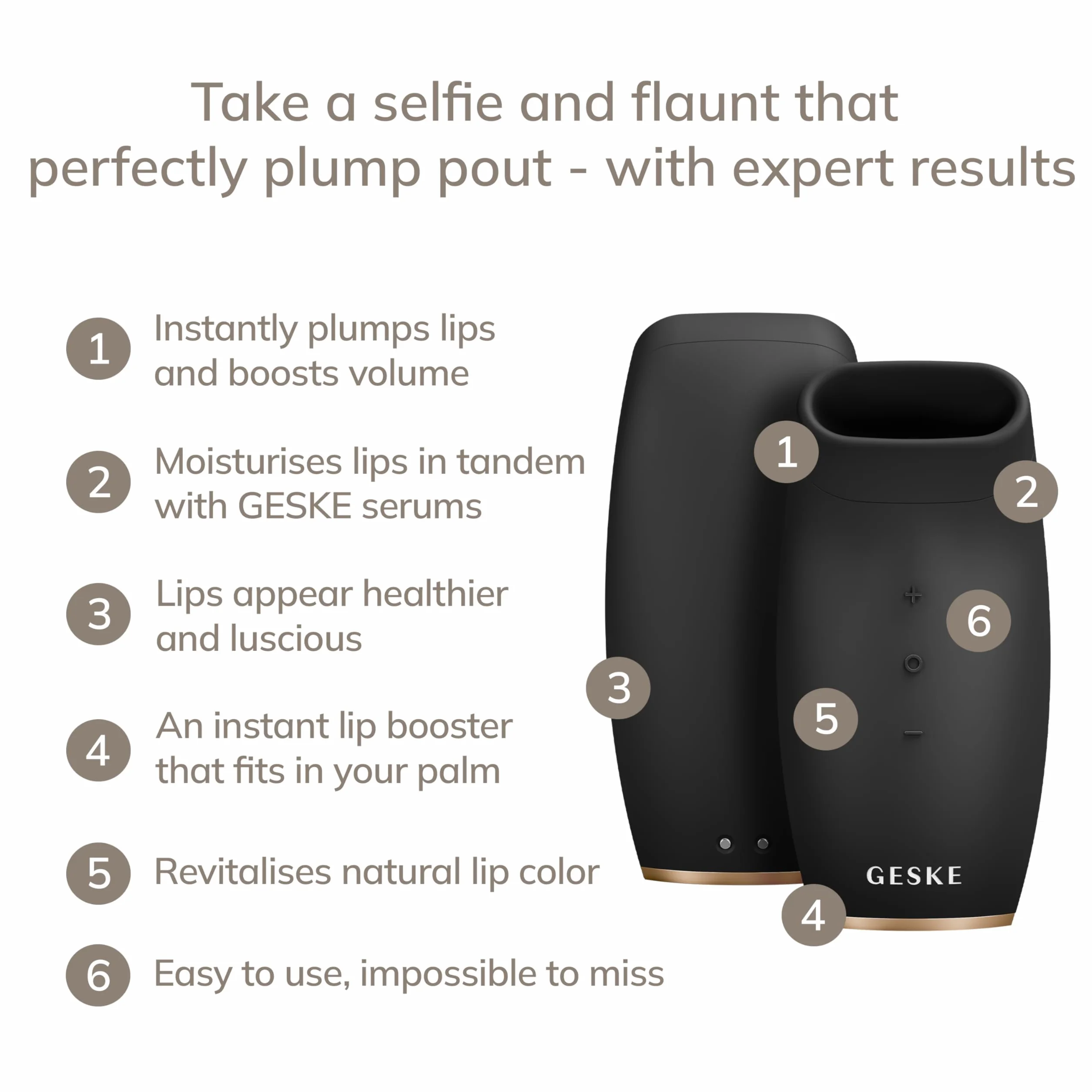 Urządzenie do pogrubiania u wzmacniania ust GESKE | SmartAppGuided™ | 6 w 1 | Błyskawiczne pogrubianie ust | Lip booster pełniejsze usta | Automatycznie pogrubianie ust | Selfie z powiększeniem ust