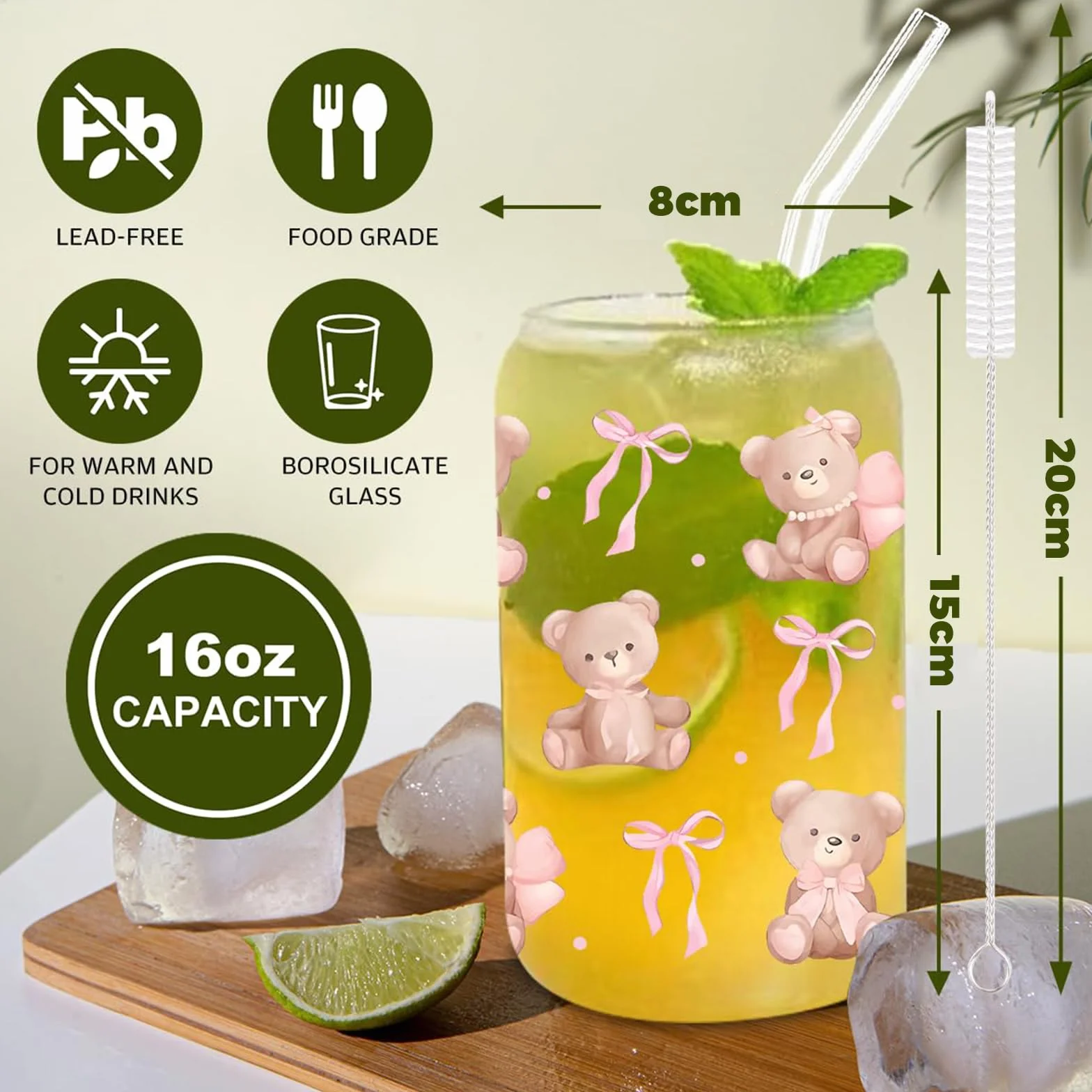 Szklanka 473ml z rysunkiem łuku i misia, ze słomką i pokrywką, motywacyjny prezent