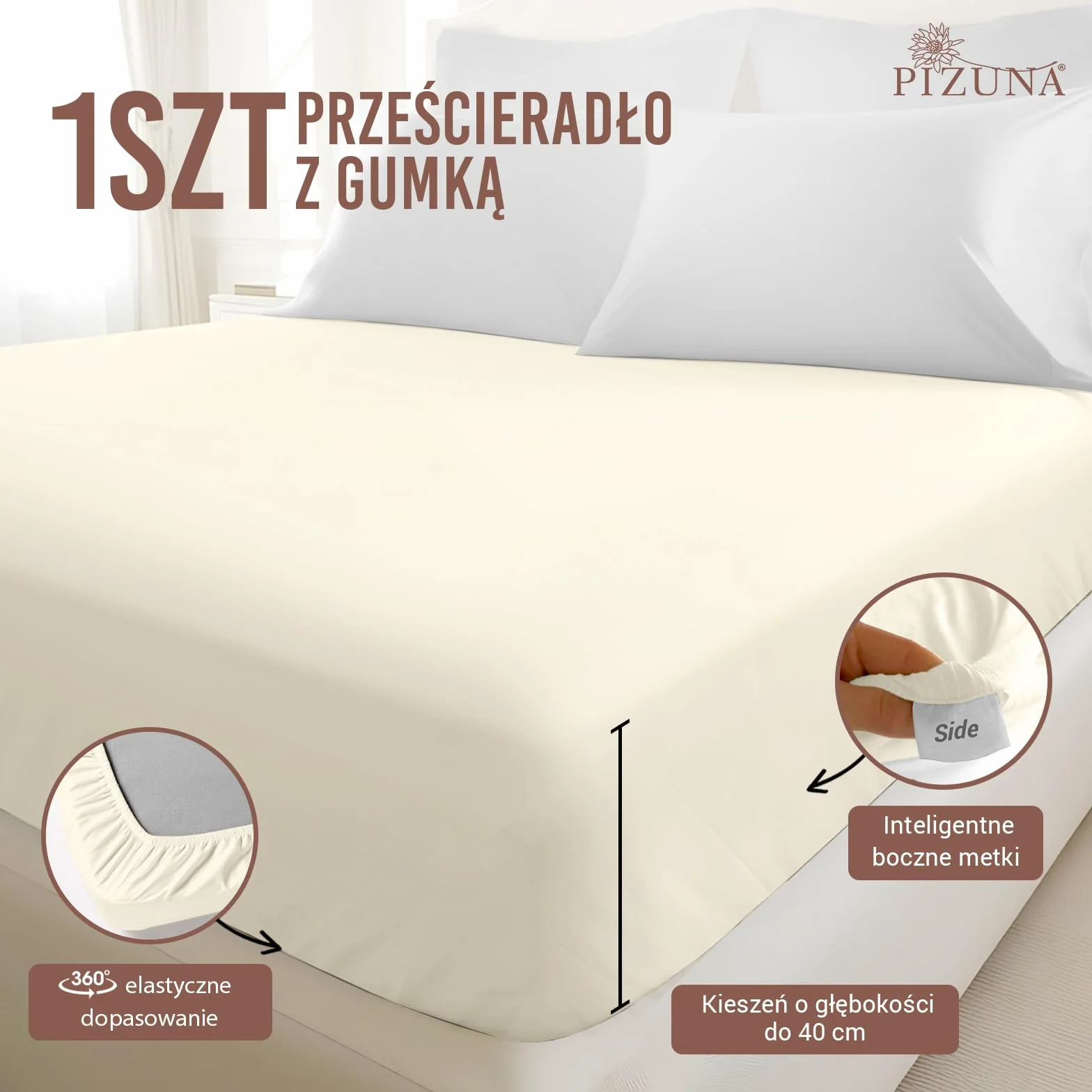 Pizuna Prześcieradło z Gumką 100x200 cm 400-nitkowa Bawełna czesana Dopasowane Głęboka Kieszeń do 40 cm
