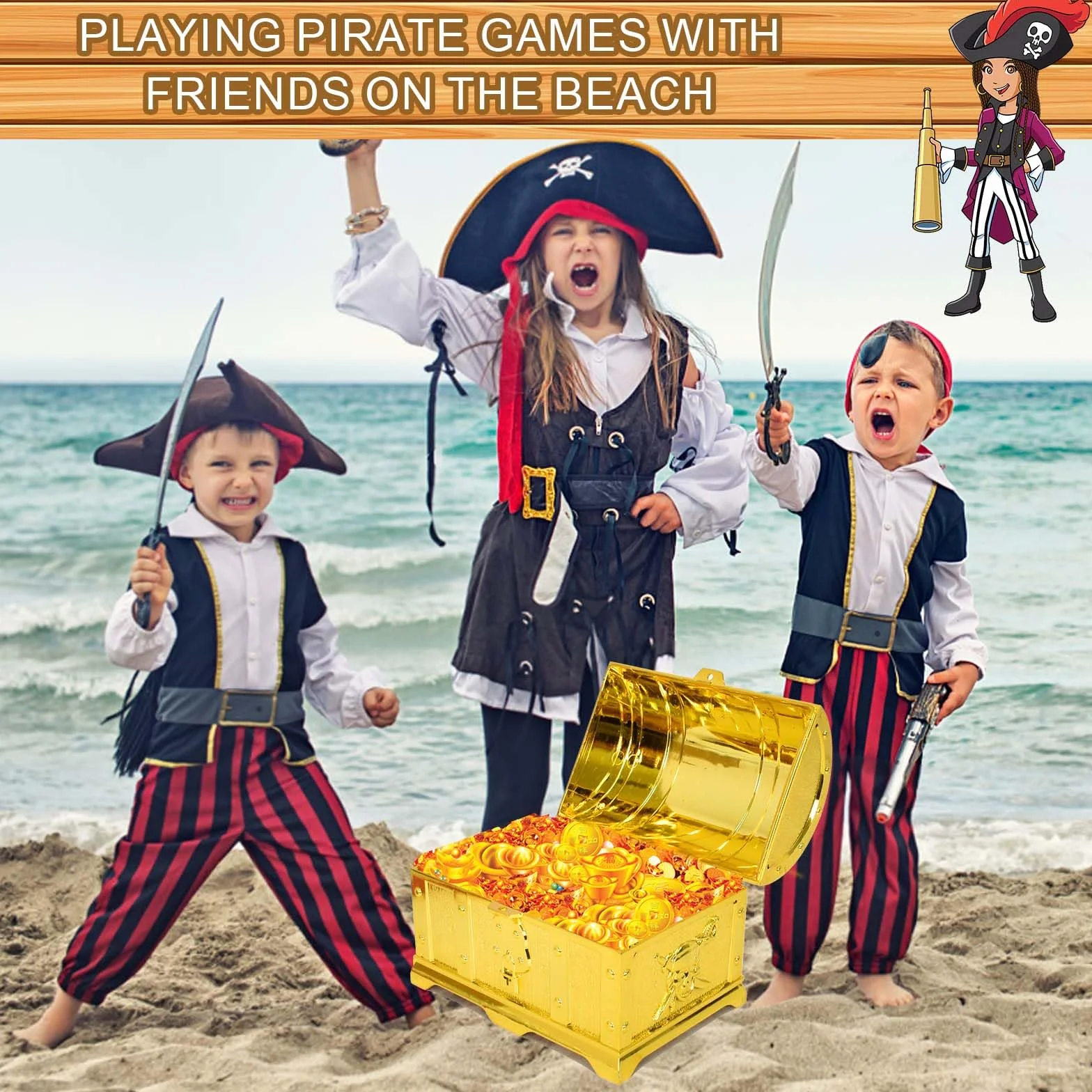 Skrzynia skarbów Piratów Caribe z zamkiem na klucze dla dzieci pozłacana