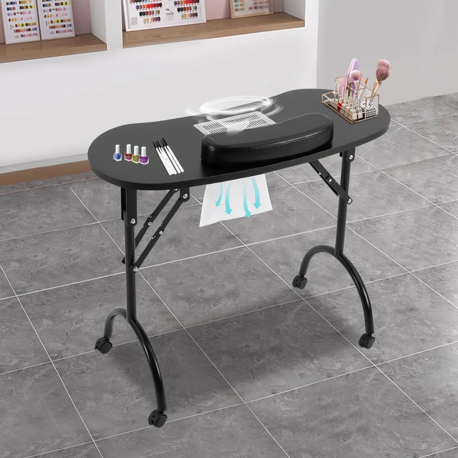 Stół do manicure z przyssawką, składany stolik do manicure z 3 workami do odkurzacza i wodoszczelną torbą do przenoszenia, nośność 30 kg, przenośny stolik do manicure (czarny)