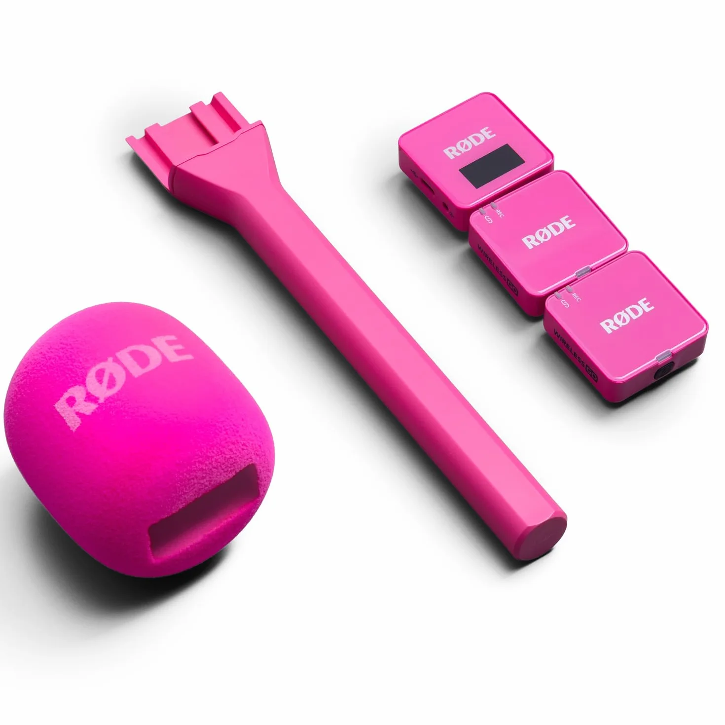 Rode Wireless GO Gen 3 bezprzewodowy 2-kanałowy system radiowy mikrofonowy różowy, z interview GO, adapter ręczny, różowy i keepdrum, futrzana ochrona przed wiatrem