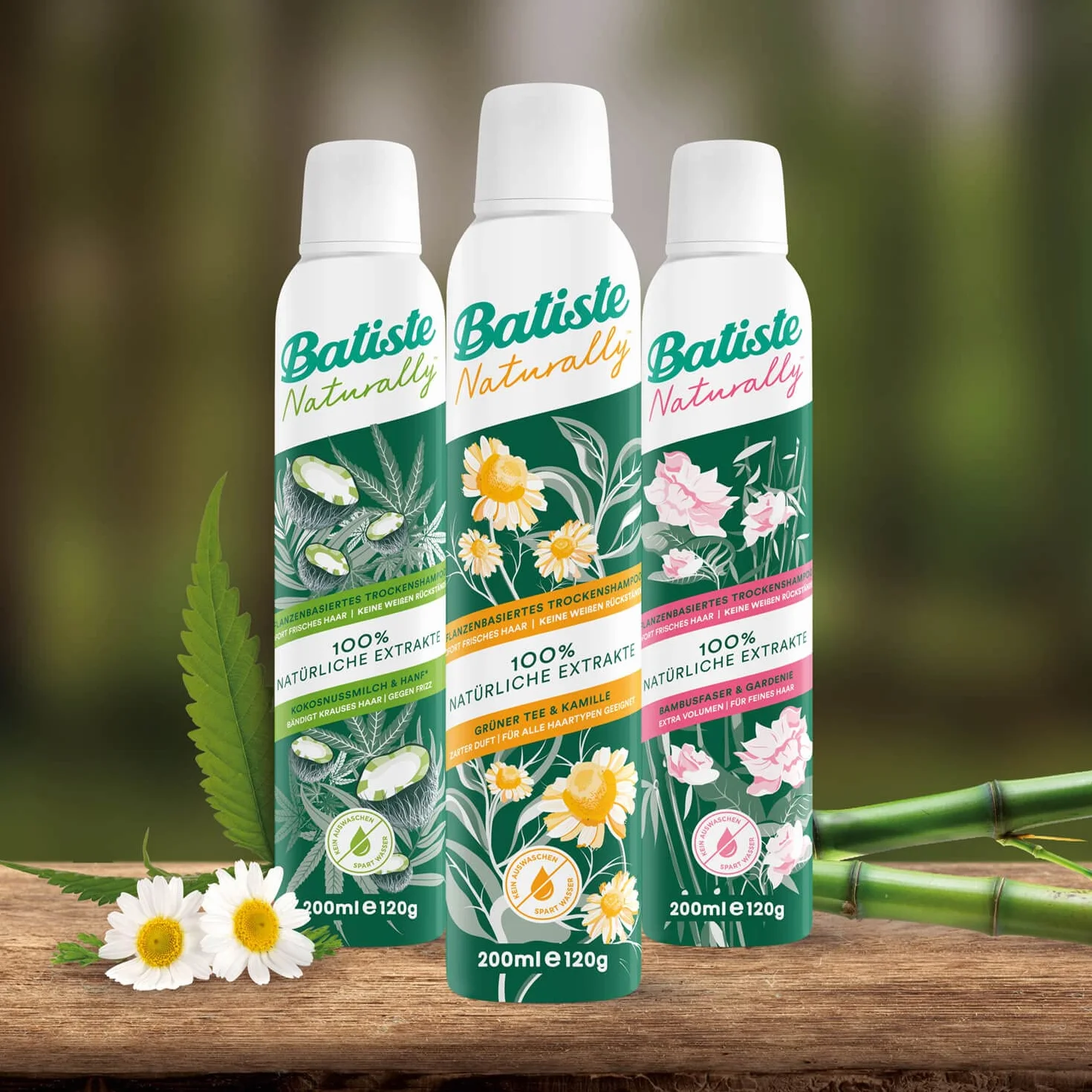 Batiste Suchy szampon Naturally Green Tee & Rumianek 200 ml, suchy szampon do odświeżania i stylizacji włosów, bez spłukiwania, wegańska stylizacja włosów, w 100% z naturalnych ekstraktów