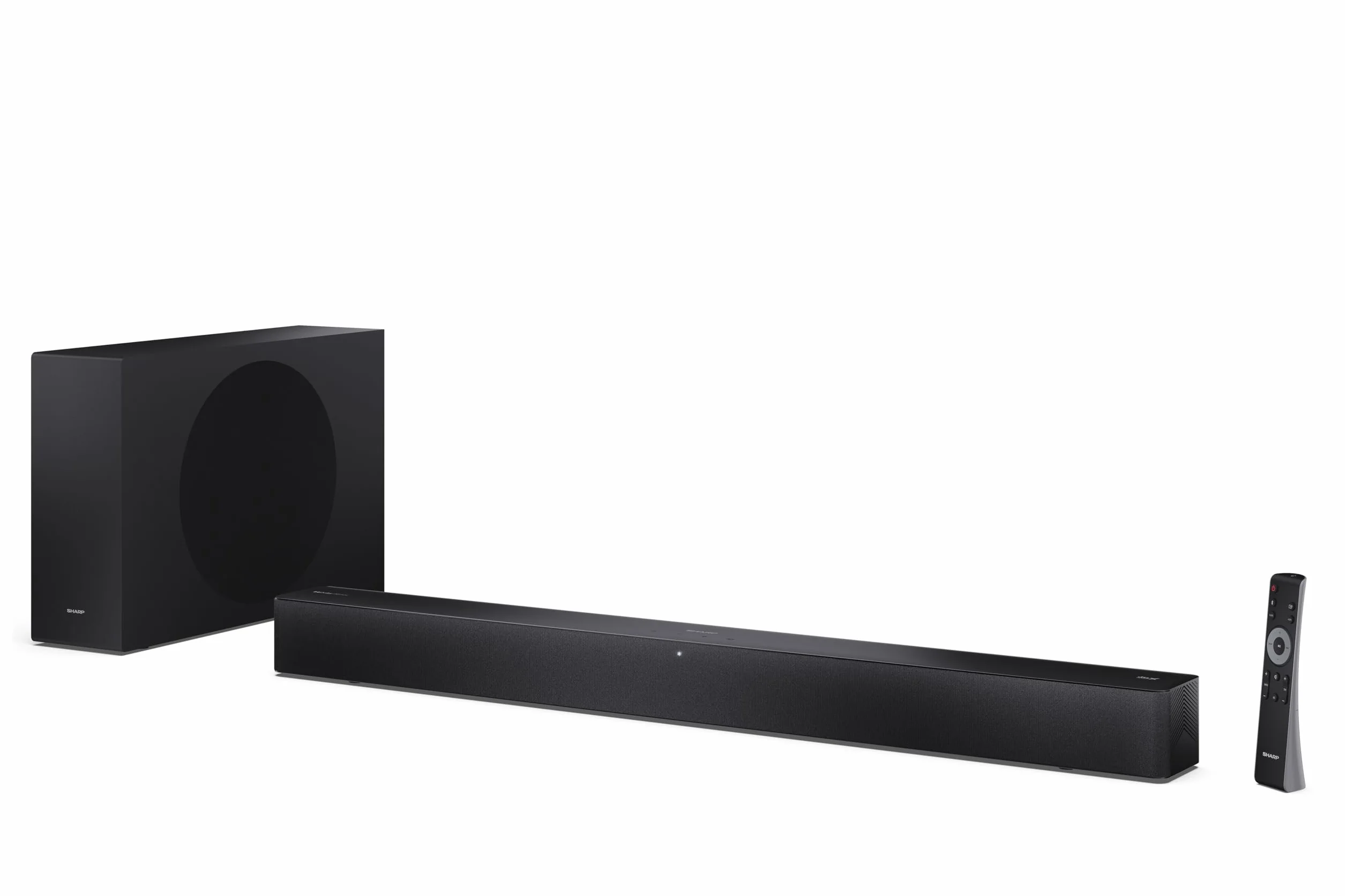 SHARP HT-SBW310 2.1-kanałowy ultracienki bezprzewodowy subwoofer, ROKU Ready, maks. moc 330 W – Dolby Atmos, DTS Virtual:X, HDMI eARC, Bluetooth 5.3, odtwarzanie przez USB, montaż na ścianie – czarny