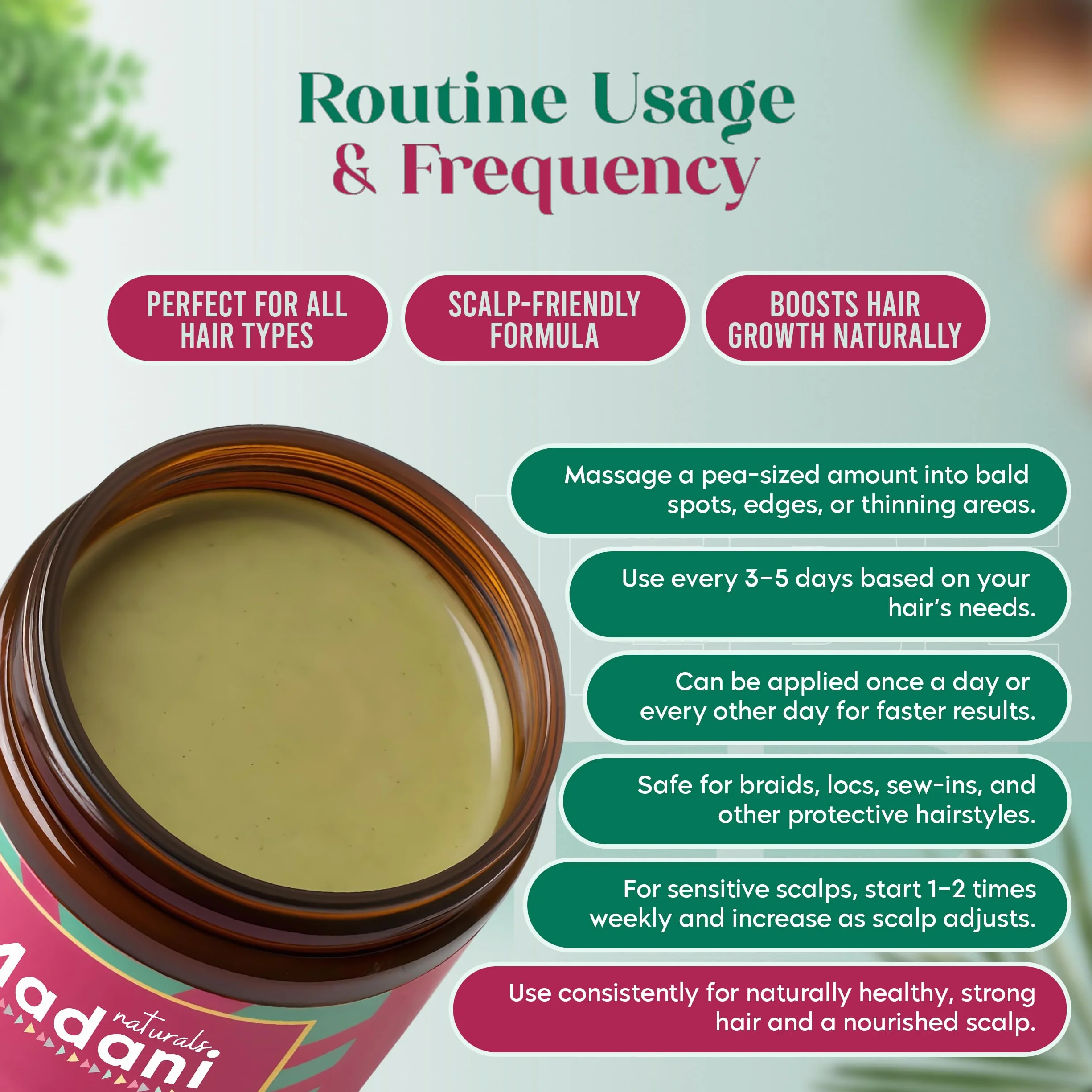 Madani Naturals Chebe Smar do wzrostu włosów z olejkiem rozmarynowym, przerzedzające się włosy i leczenie wypadania włosów, dla mężczyzn i kobiet, masło wegańskie