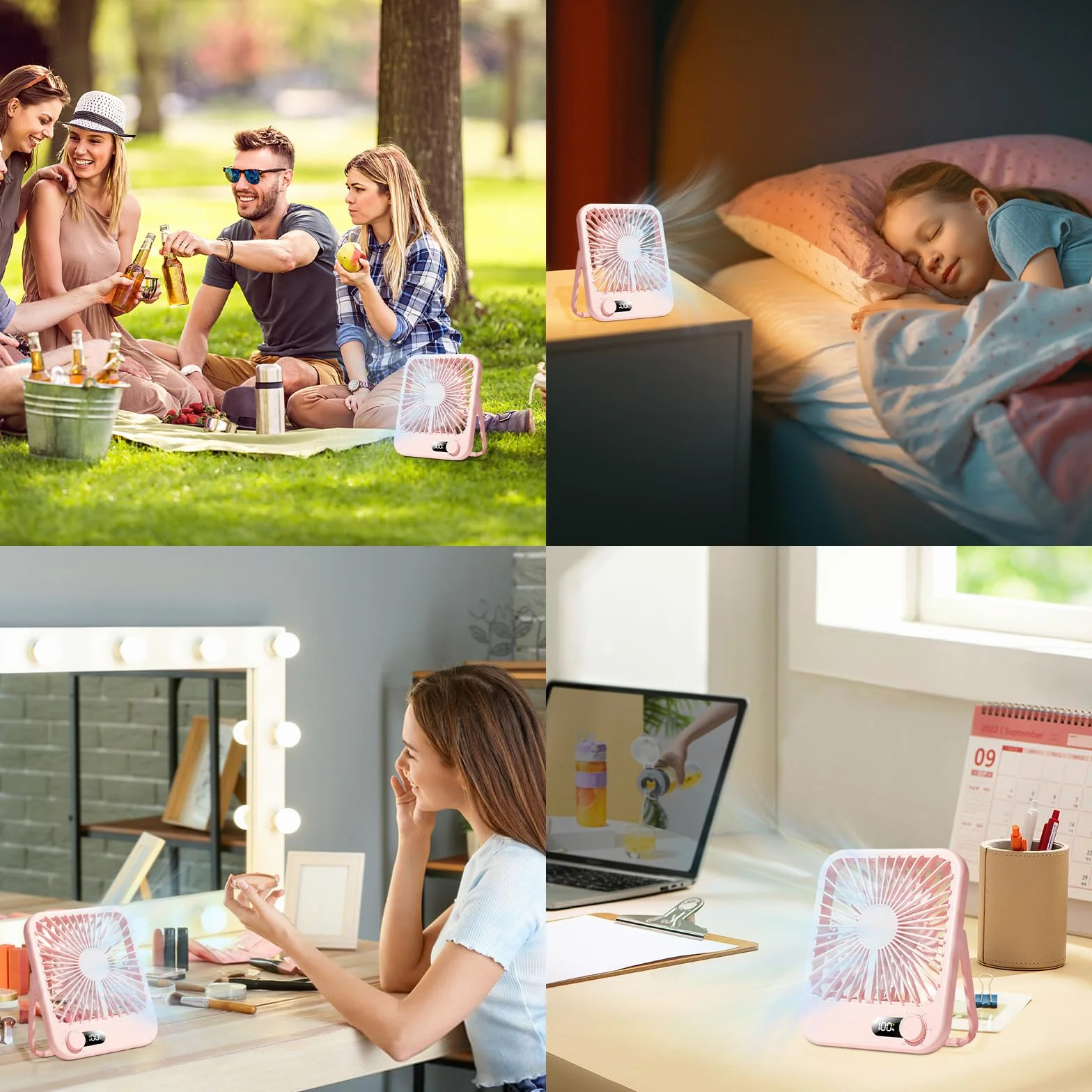 Collazoey Wentylator stołowy, cichy, do ładowania, 3000 mAh, USB, konwersja częstotliwości, regulacja 180°, do biura, biblioteki, sypialni, na kemping, różowy