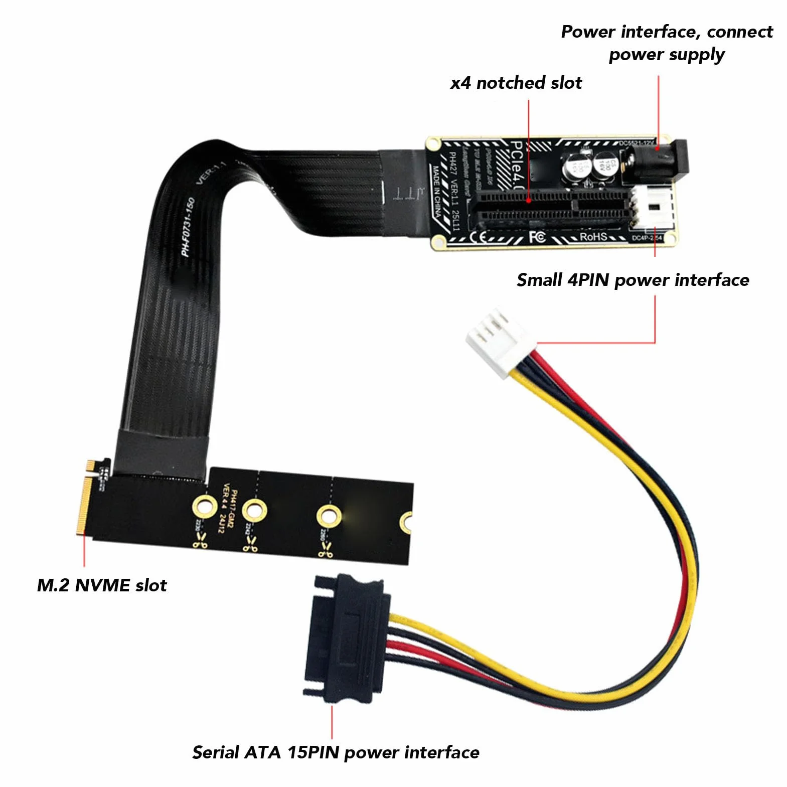 Denash Adapter Przedłużacza PCIe 4.0 X4 do M.2 M Key, Adapter Podwyższający PCIe do .2 64 Gb/s ze Wskaźnikiem LED, Gniazd NVMe 2230, 2242, 2260 i 2280