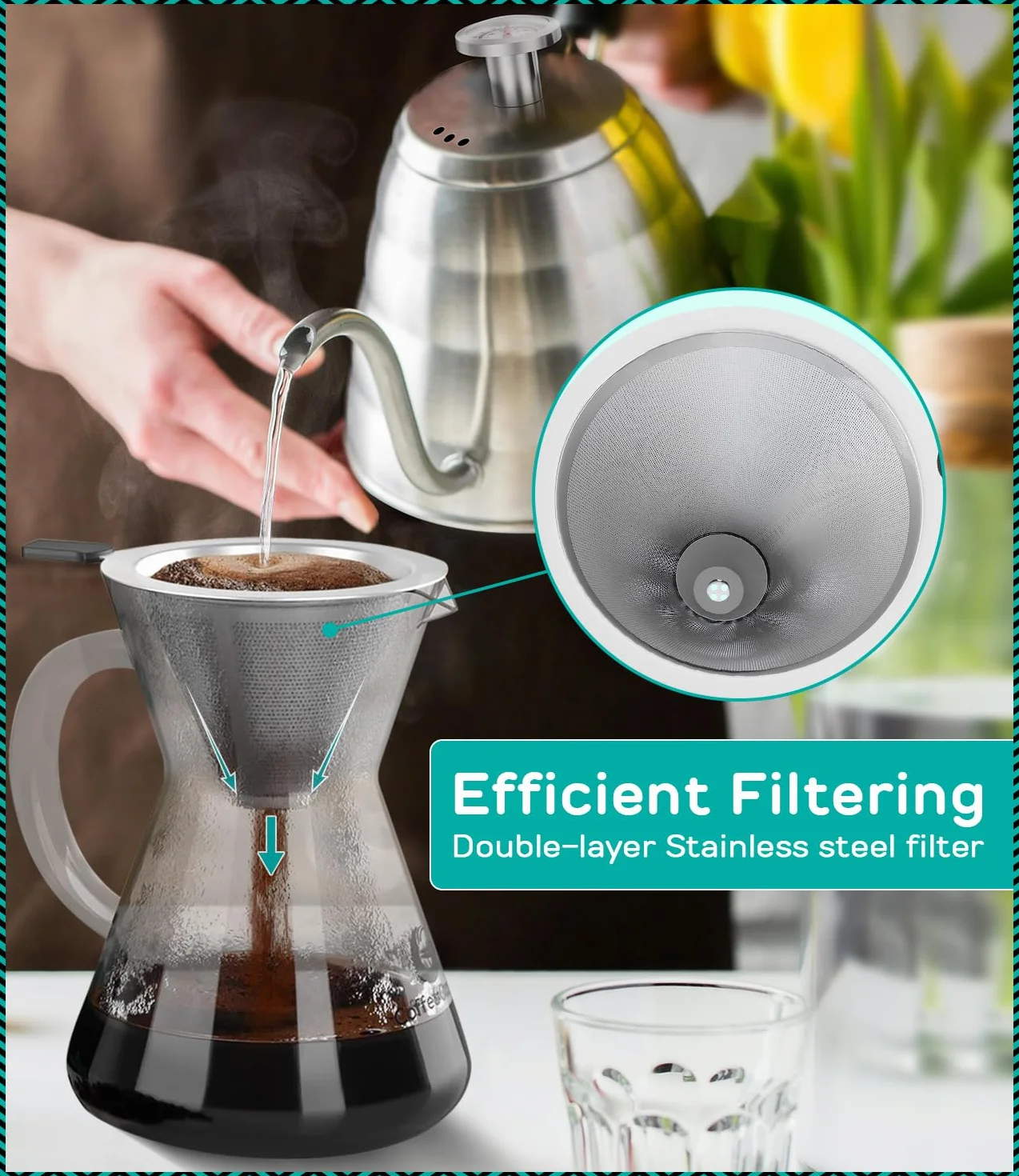 Coffee Gator Ekspres do kawy – szkło borokrzemowe o wysokiej temperaturze 400 ml z filtrem ze stali nierdzewnej wielokrotnego użytku, kapiący zaparzacz do kawy, karafka, 400 ml, przezroczysty