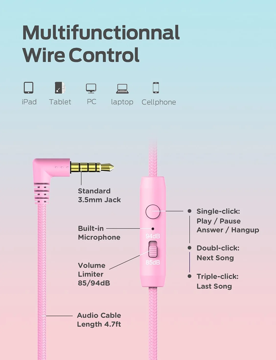 iClever Słuchawki audio, przewodowe słuchawki dla dzieci, regulowana opaska na głowę, dźwięk stereo, składane przewody rozplątane, gniazdo pomocnicze 3,5 mm, 85/94 DB ograniczona głośność (różowy)